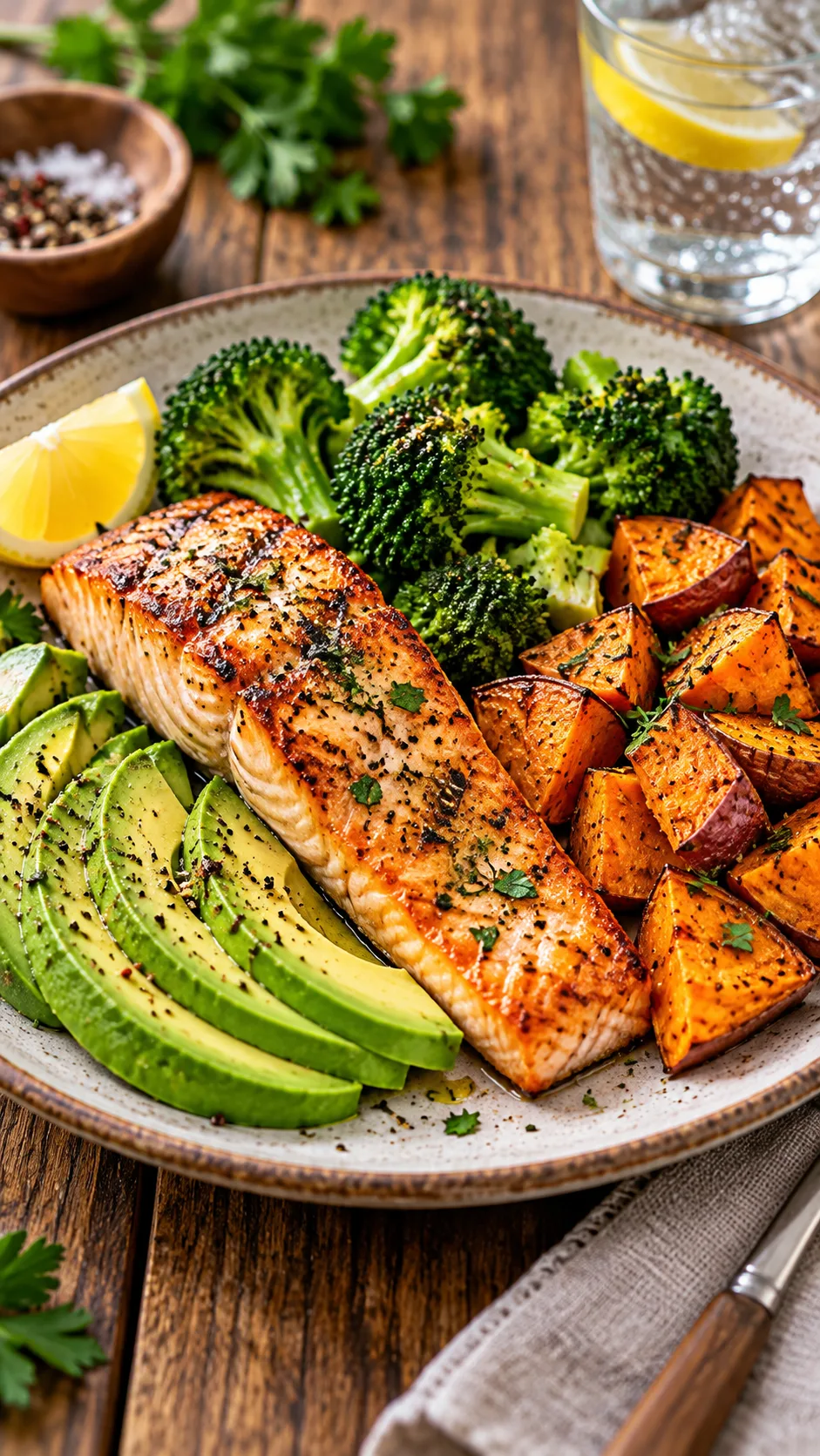 The Belly Fat Diet Mistake Most Women Make (And What to Eat Instead) 1 A vibrant, delicious balanced meal plate featuring grilled salmon, creamy sliced avocado, steamed broccoli, and colorful roasted sweet potatoes on a rustic wooden dining table.