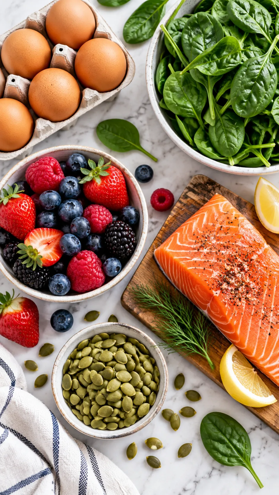 The Belly Fat Diet Mistake Most Women Make (And What to Eat Instead) 2 A flat-lay view of nutrient-dense whole foods: eggs, leafy spinach, berries, wild salmon, and pumpkin seeds on a bright kitchen counter.