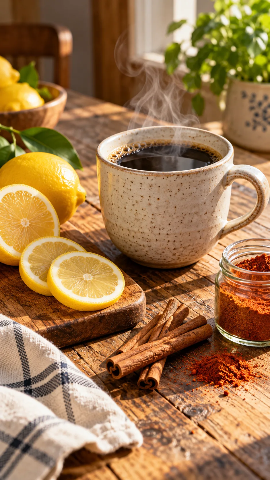A steaming, freshly brewed cup of black coffee on a rustic wooden breakfast table, next to sliced organic lemons, whole cinnamon sticks, and a small glass jar of ground cayenne pepper in warm natural morning light