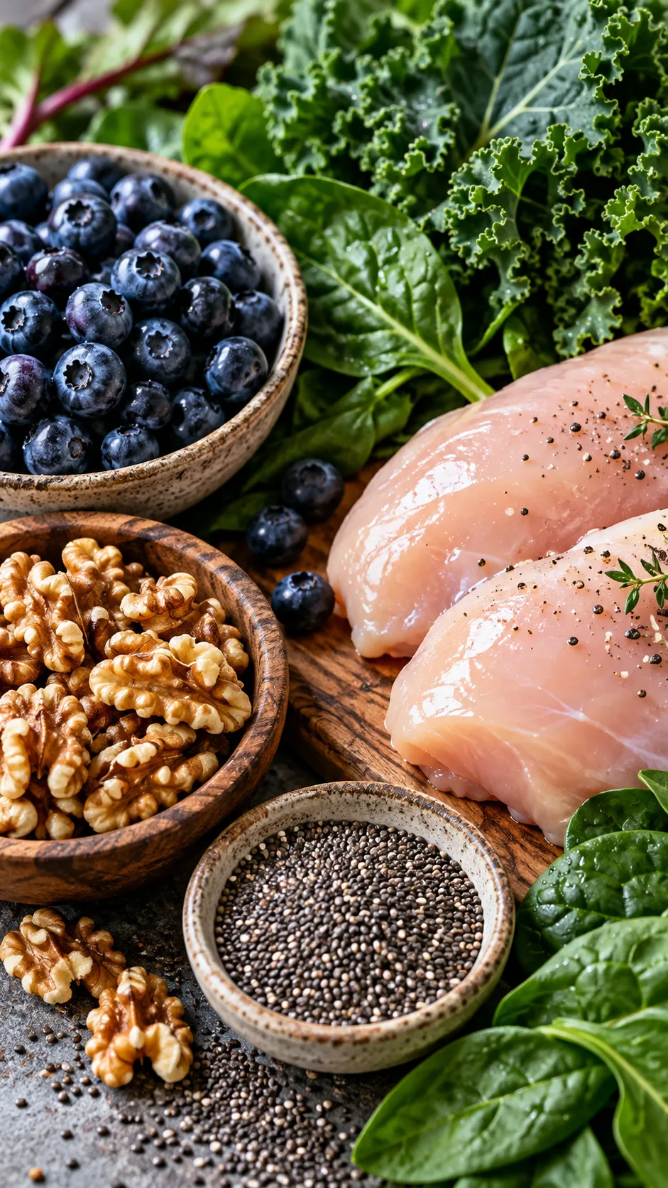 The Belly Fat Diet Mistake Most Women Make (And What to Eat Instead) 3 Close up of fresh organic groceries: skinless chicken breast, wild blueberries, raw walnuts, chia seeds, and leafy dark greens arranged artfully.