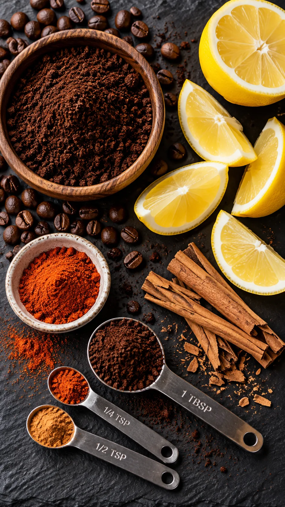Top-down flatlay of raw ingredients for the coffee loophole recipe: ground dark roast coffee, freshly cut lemon wedges, Ceylon cinnamon bark, raw cayenne powder, and measuring spoons on a dark slate background