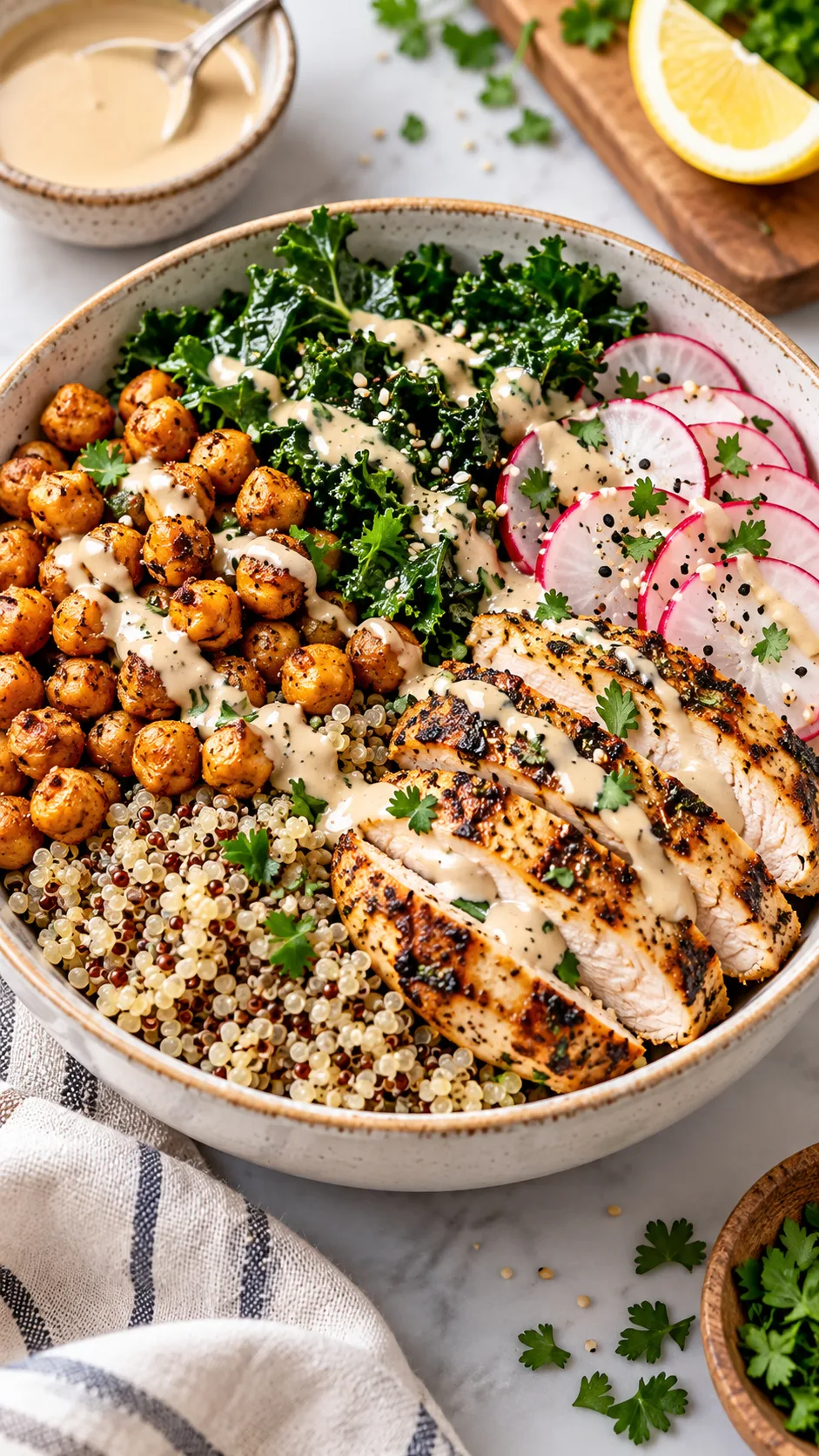 The Belly Fat Diet Mistake Most Women Make (And What to Eat Instead) 4 A beautifully presented lunch bowl with quinoa, roasted chickpeas, massaged kale, sliced radishes, grilled chicken strips, and a drizzle of tahini sauce.
