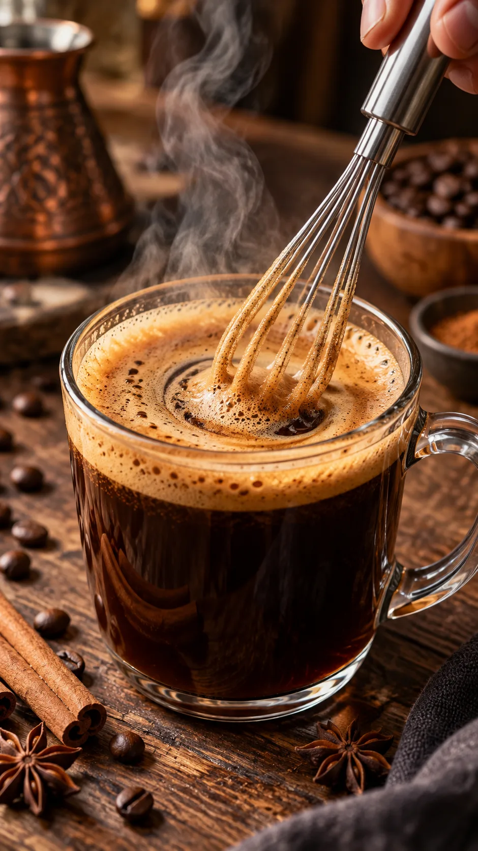 A frothing hand whisk blending hot spiced black coffee in a clear glass mug, creating a rich crema on top with light steam rising