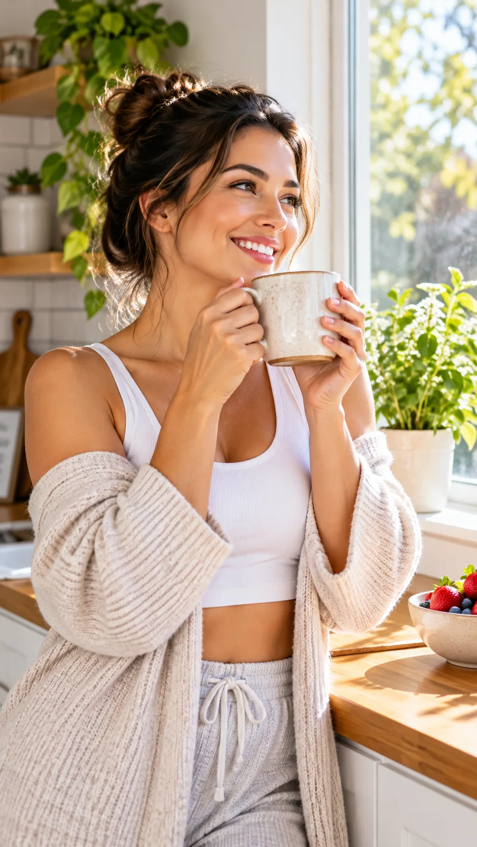 A healthy woman smiling while sipping coffee from a ceramic mug by a sunlit kitchen window, looking energized and happy
