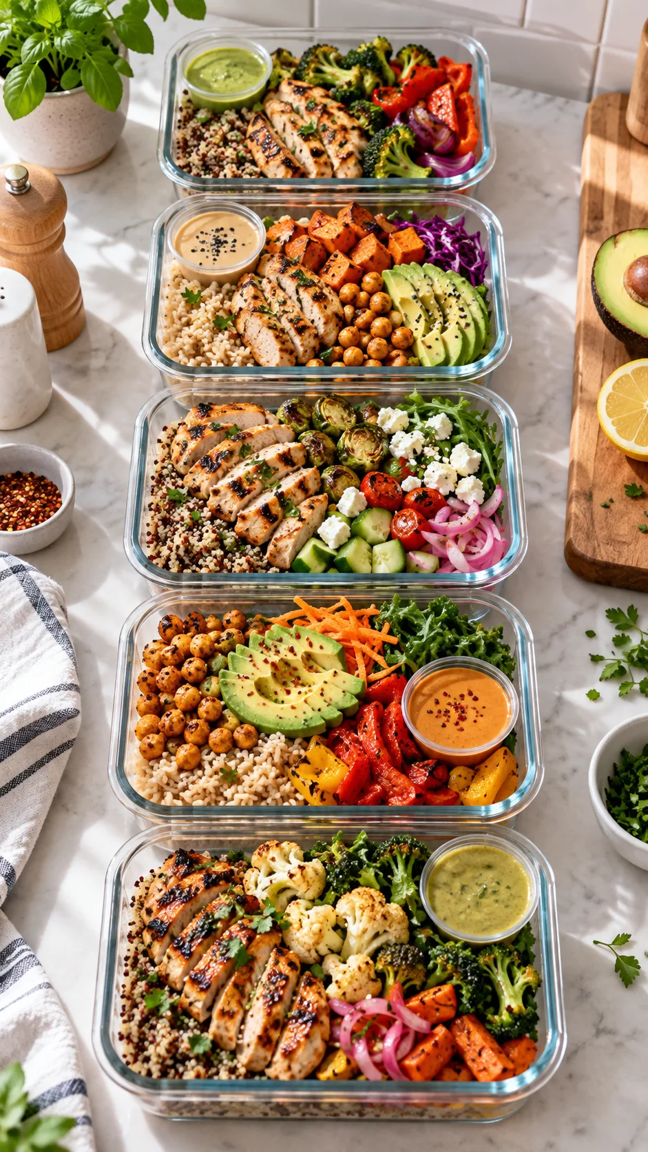 Healthy Meal Prep Bowls That Make Eating Well Feel Effortless All Week 1 Bright natural-light overhead food photography of five colorful healthy meal prep bowls lined up on a kitchen counter, each in clear glass containers with roasted vegetables, grilled chicken, quinoa, brown rice, chickpeas, avocado, greens, sauces in small cups, realistic home kitchen setting