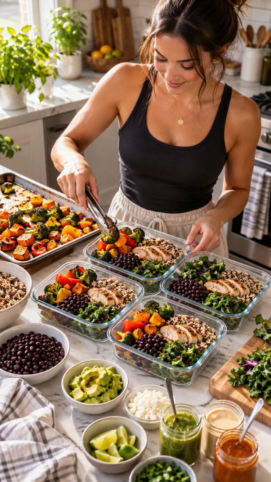 Healthy Meal Prep Bowls That Make Eating Well Feel Effortless All Week 3 Realistic lifestyle food photography of a person meal prepping in a clean home kitchen, arranging roasted vegetables, quinoa, grilled chicken, black beans, chopped greens and sauces into glass meal prep containers, warm sunlight, overhead and slightly angled composition