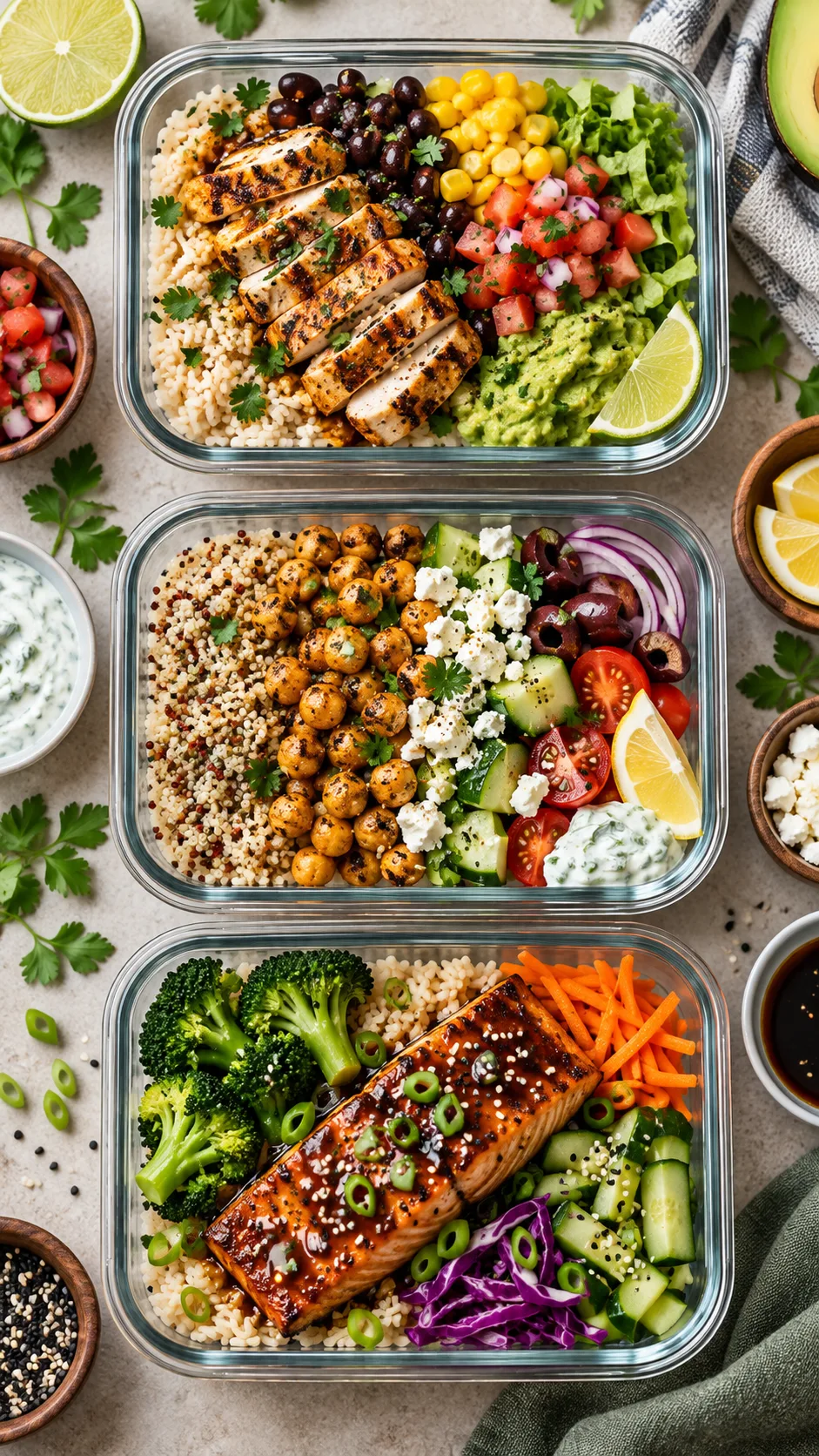 Healthy Meal Prep Bowls That Make Eating Well Feel Effortless All Week 4 High-end editorial food photography of three healthy meal prep bowls: a chicken burrito bowl, Mediterranean chickpea quinoa bowl, and teriyaki salmon rice bowl, vibrant ingredients arranged in clear containers, top-down view, natural shadows, appetizing realistic styling