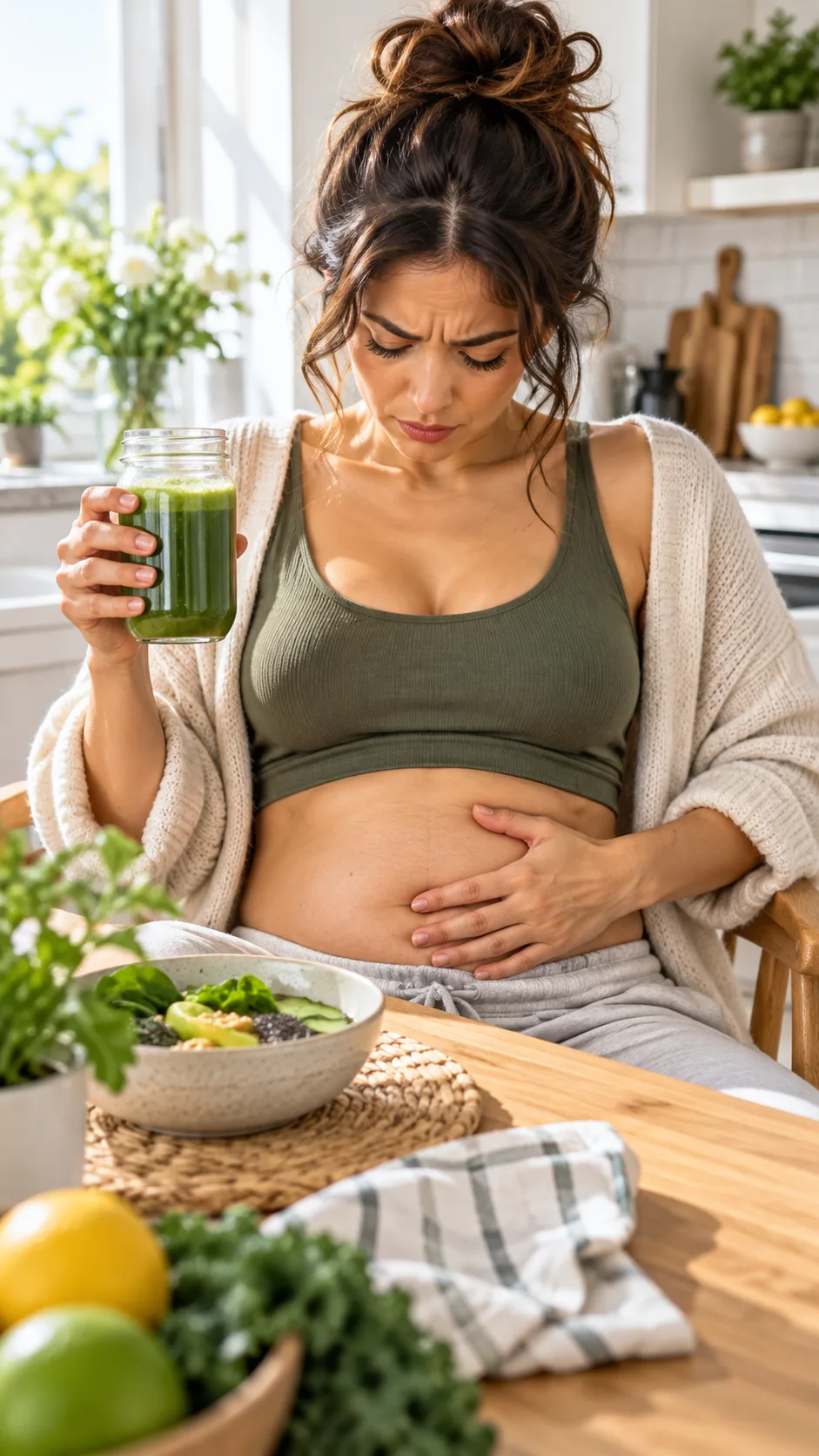 A frustrated woman sitting at a modern kitchen table looking down at her bloated abdomen while holding a glass jar of green detox juice, bright natural morning lighting, editorial photography style