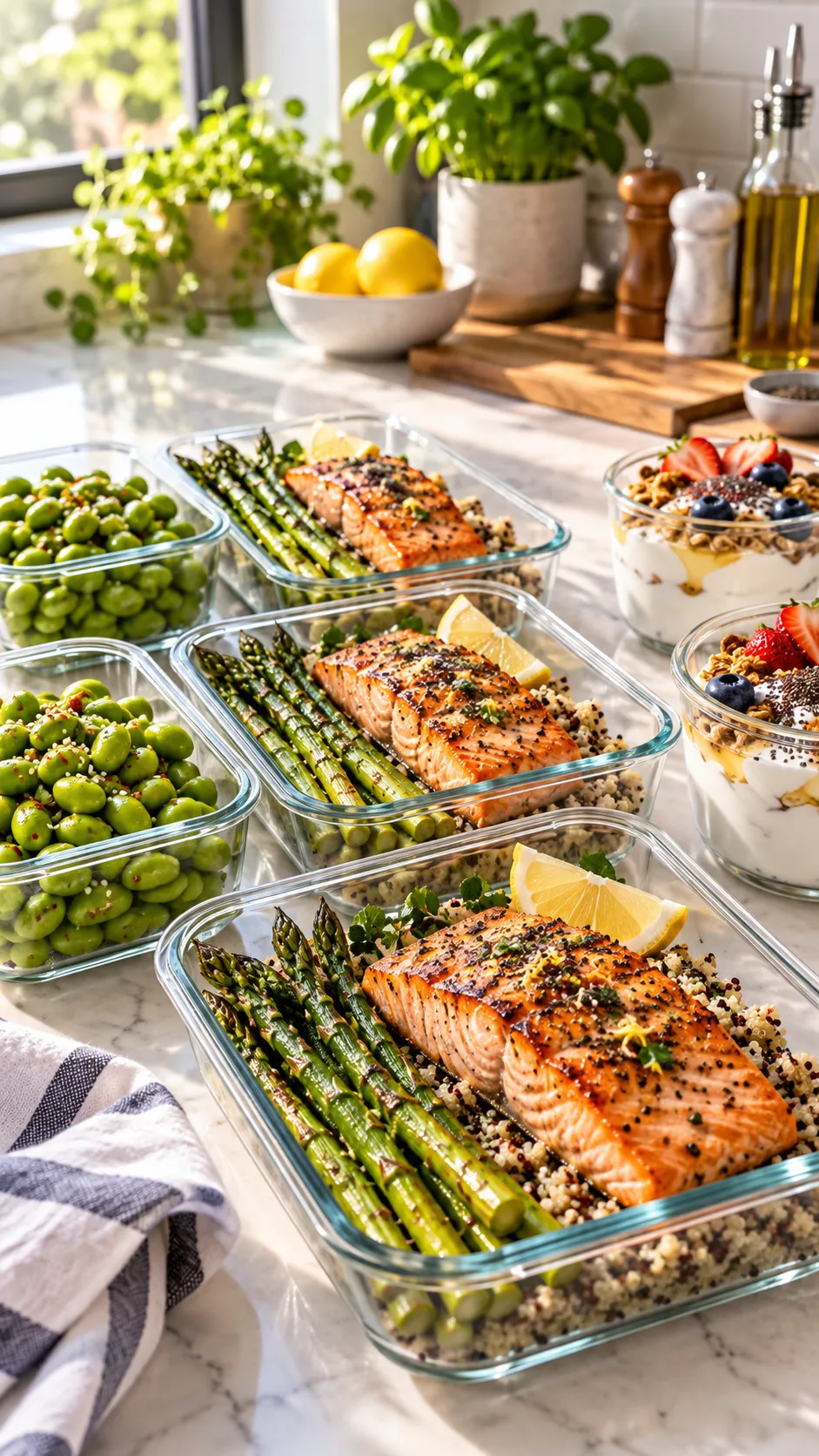 A clean, vibrant kitchen counter featuring prepped healthy meals in glass containers: grilled salmon fillets, roasted asparagus, edamame, and Greek yogurt bowls, shot in soft natural morning light with high culinary editorial style.