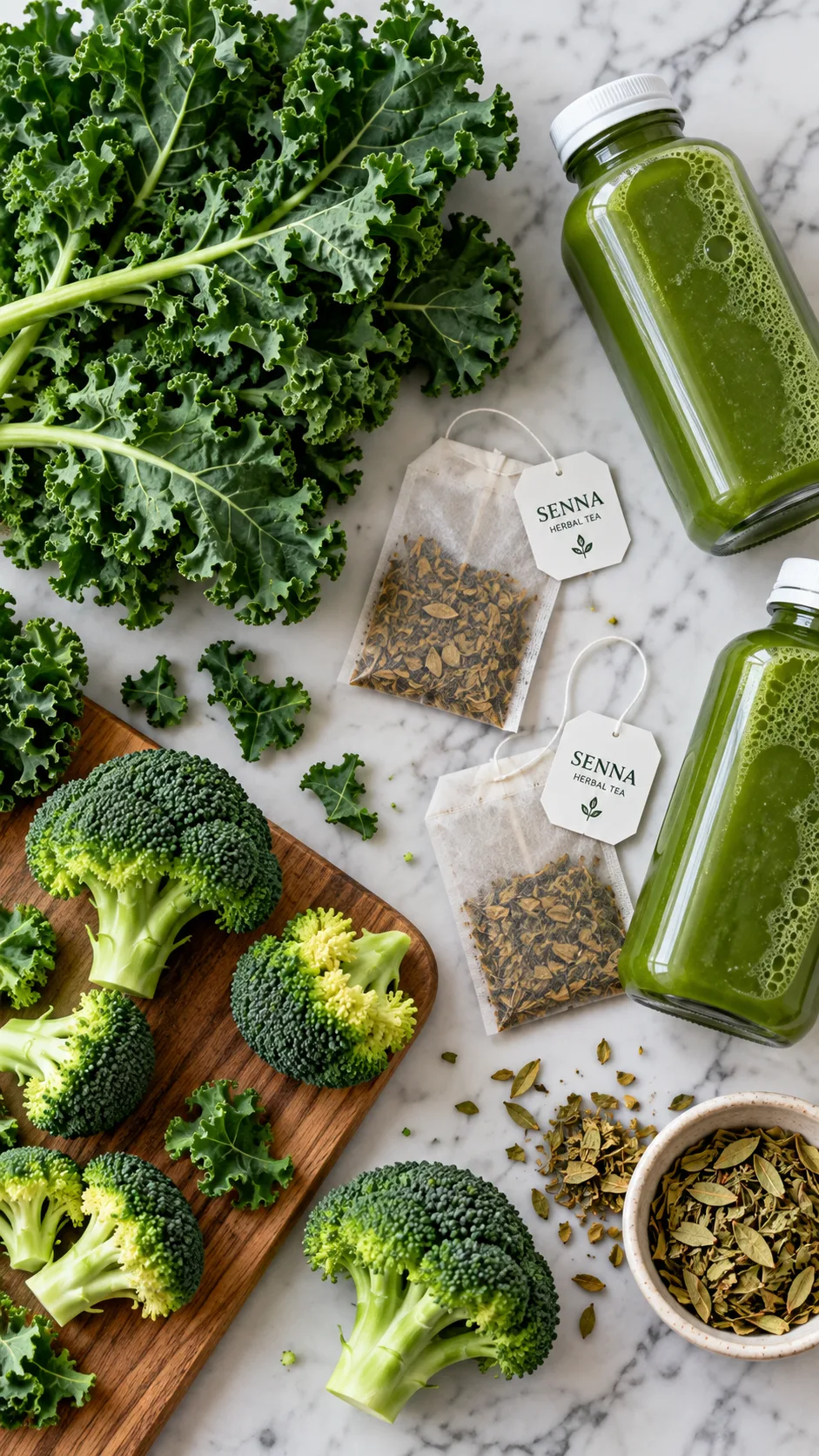 A flat lay photography of common detox ingredients causing bloating like raw kale, broccoli florets, senna tea bags, and bottled green juices on a marble countertop