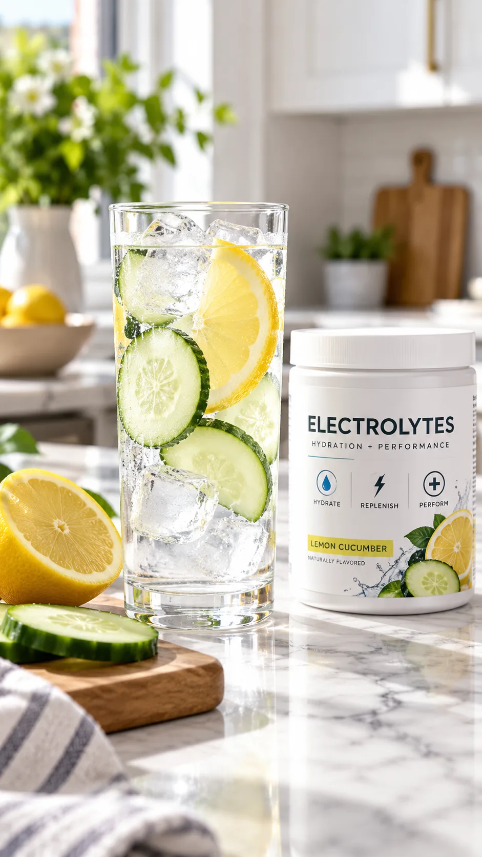 A tall glass of ice water with a fresh lemon wedge and cucumber slices sitting next to an electrolyte container on a bright marble kitchen island.