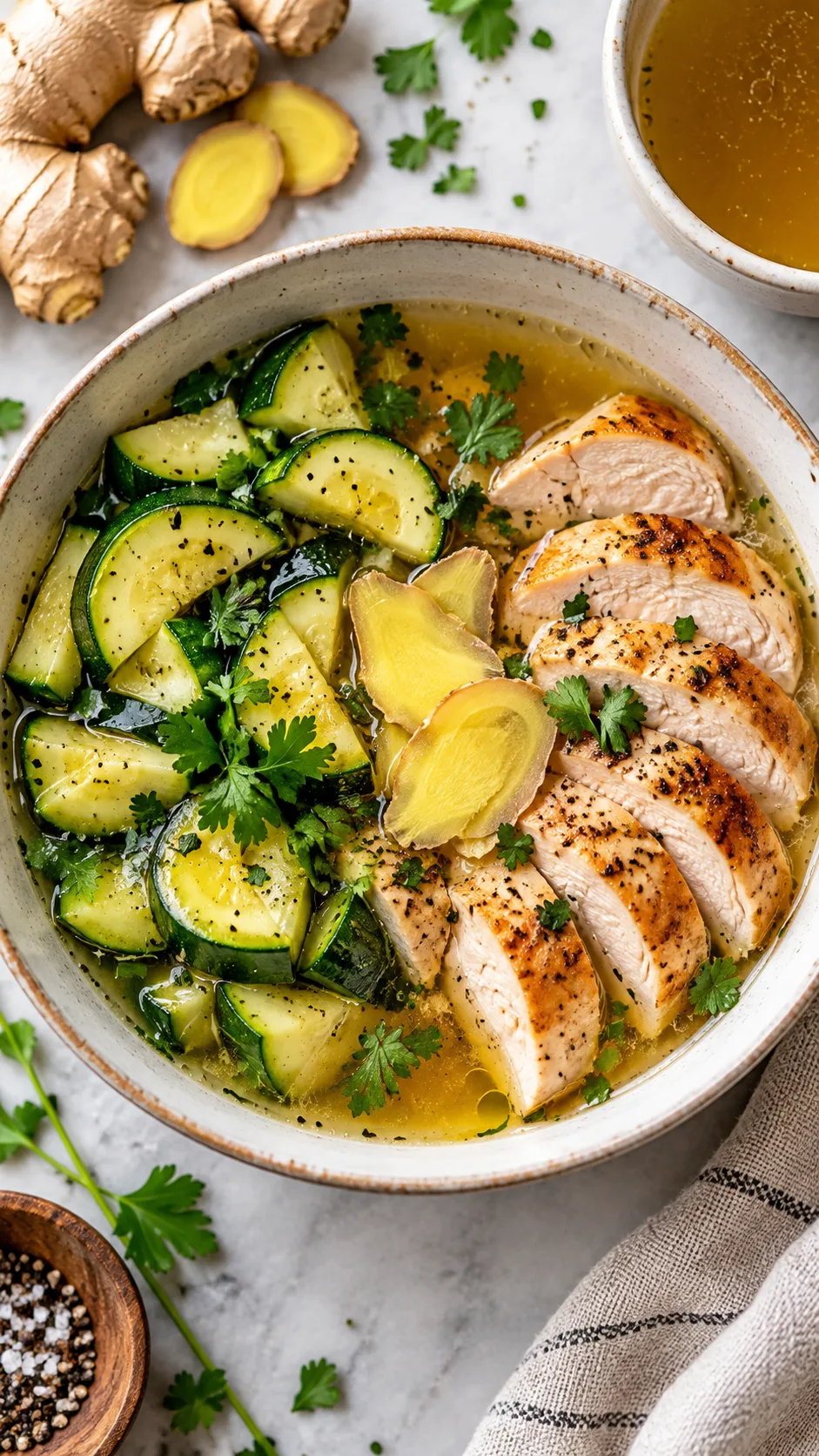 A clean, appetizing bowl of gently cooked gut-friendly food: warm bone broth, steamed zucchini, tender roasted chicken breast, and fresh ginger slices, overhead food photography
