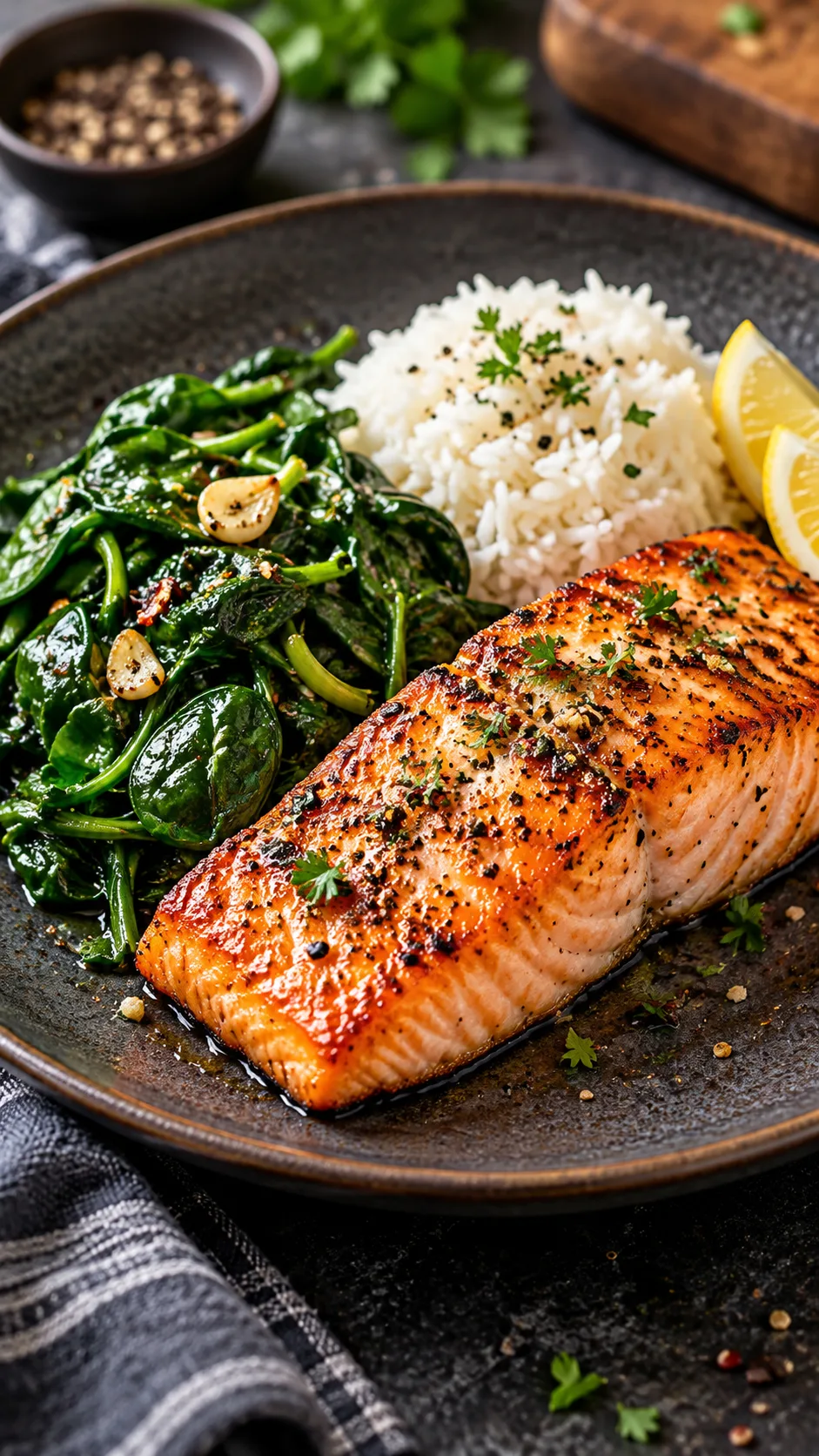A fresh, appetizing plate showing an air-fried salmon fillet alongside wilted baby spinach and a small scoop of white jasmine rice, beautifully styled on a dark ceramic plate.