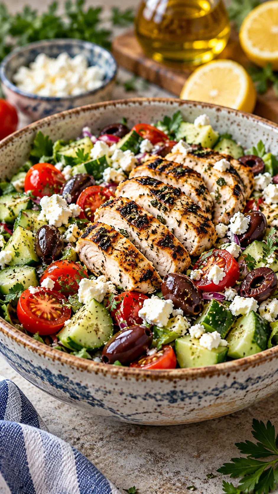 A delicious Mediterranean grilled chicken salad bowl in an artisanal ceramic bowl showing diced cucumbers, cherry tomatoes, kalamata olives, crumbled feta, and seasoned sliced chicken breast.