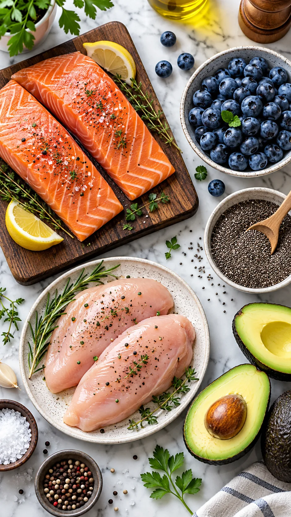 An overhead flat-lay of clean whole foods: raw salmon, chicken breast, fresh blueberries, chia seeds, and avocados, contrasted against a clean, modern kitchen background.