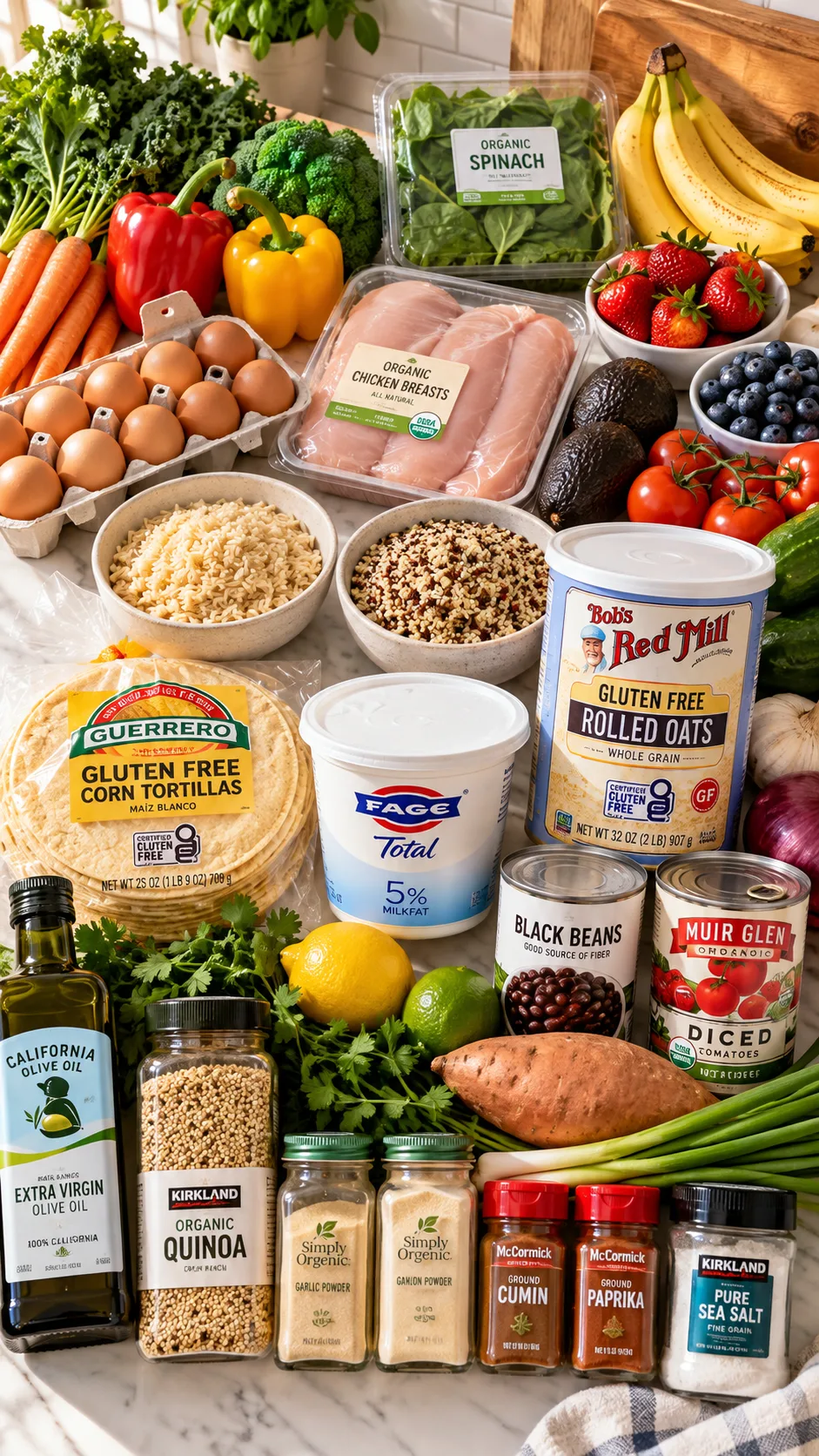 Bright realistic overhead food photography of a gluten free beginner grocery haul on a clean kitchen counter, including fresh vegetables, fruit, eggs, chicken, rice, quinoa, certified gluten free oats, yogurt, corn tortillas and clearly organized pantry staples, warm natural morning light