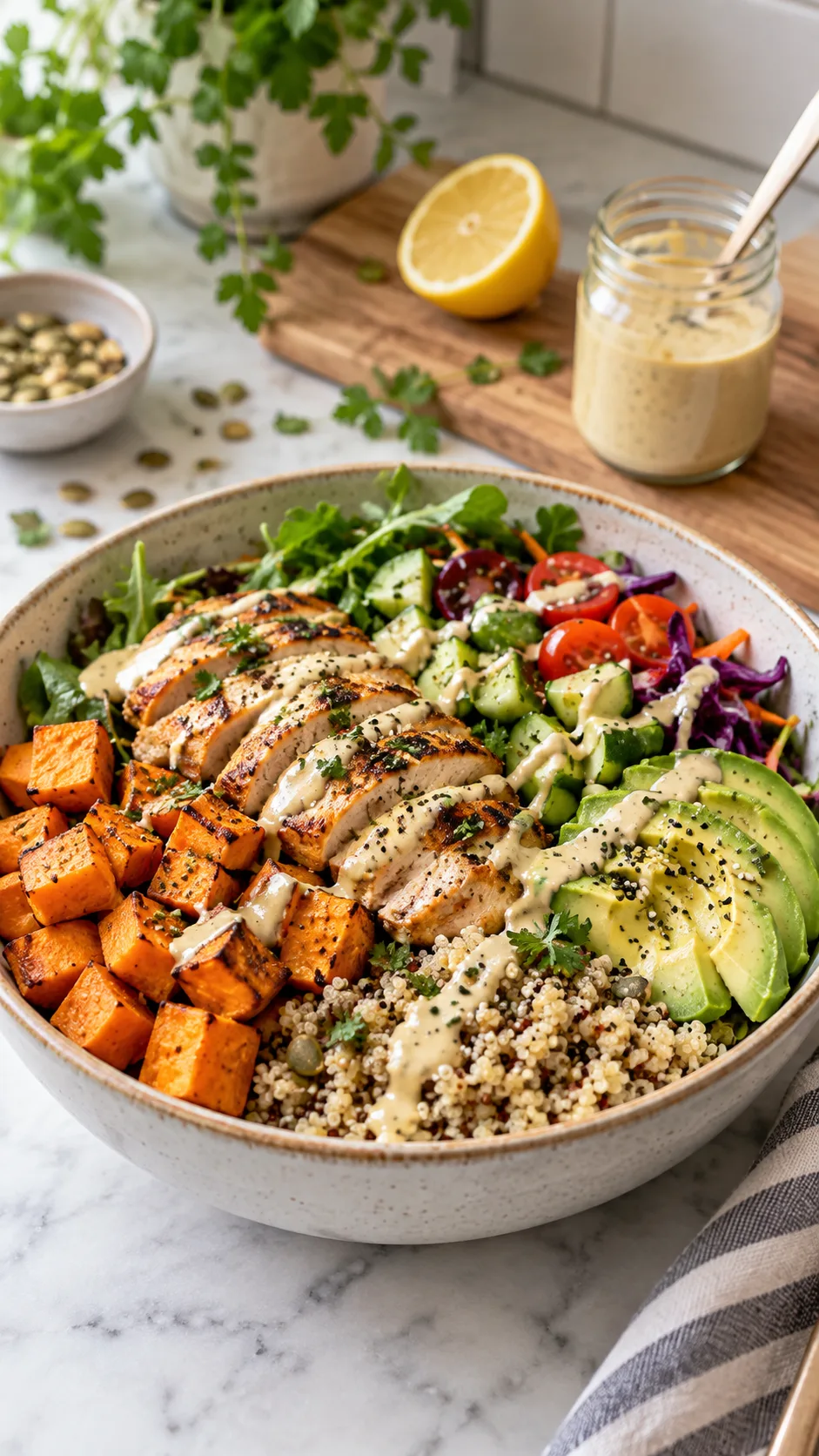 Realistic lifestyle food photography of a balanced gluten free dinner bowl with grilled chicken, roasted sweet potato, quinoa, leafy greens, avocado, colorful vegetables and lemon tahini dressing, casual home kitchen setting, natural light