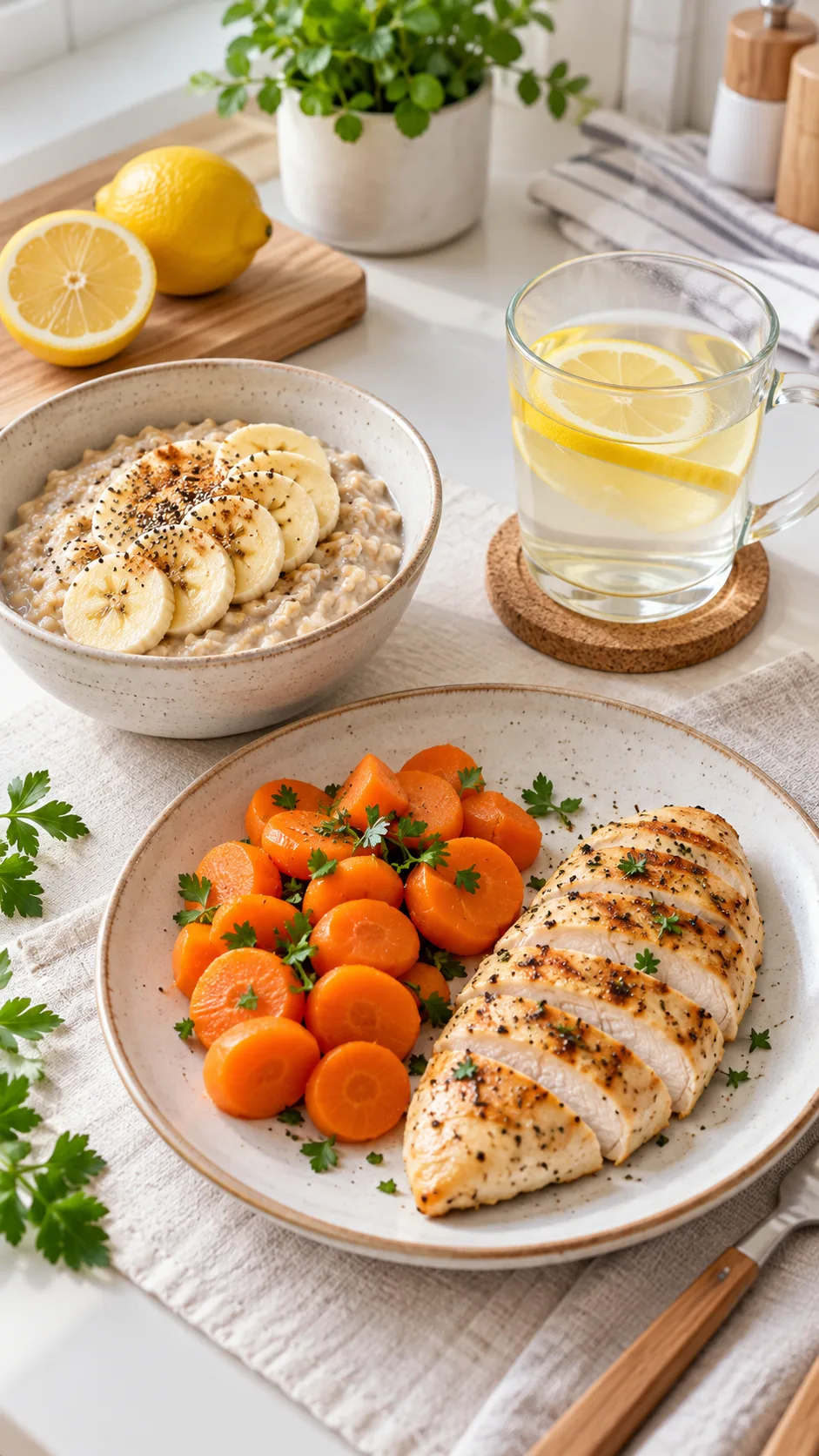 A flat-lay photography setup showing gut-friendly foods after gallbladder surgery: cooked oatmeal with sliced bananas, steamed carrots, grilled skinless chicken breast, and a glass of warm water with lemon on a clean Scandinavian kitchen table
