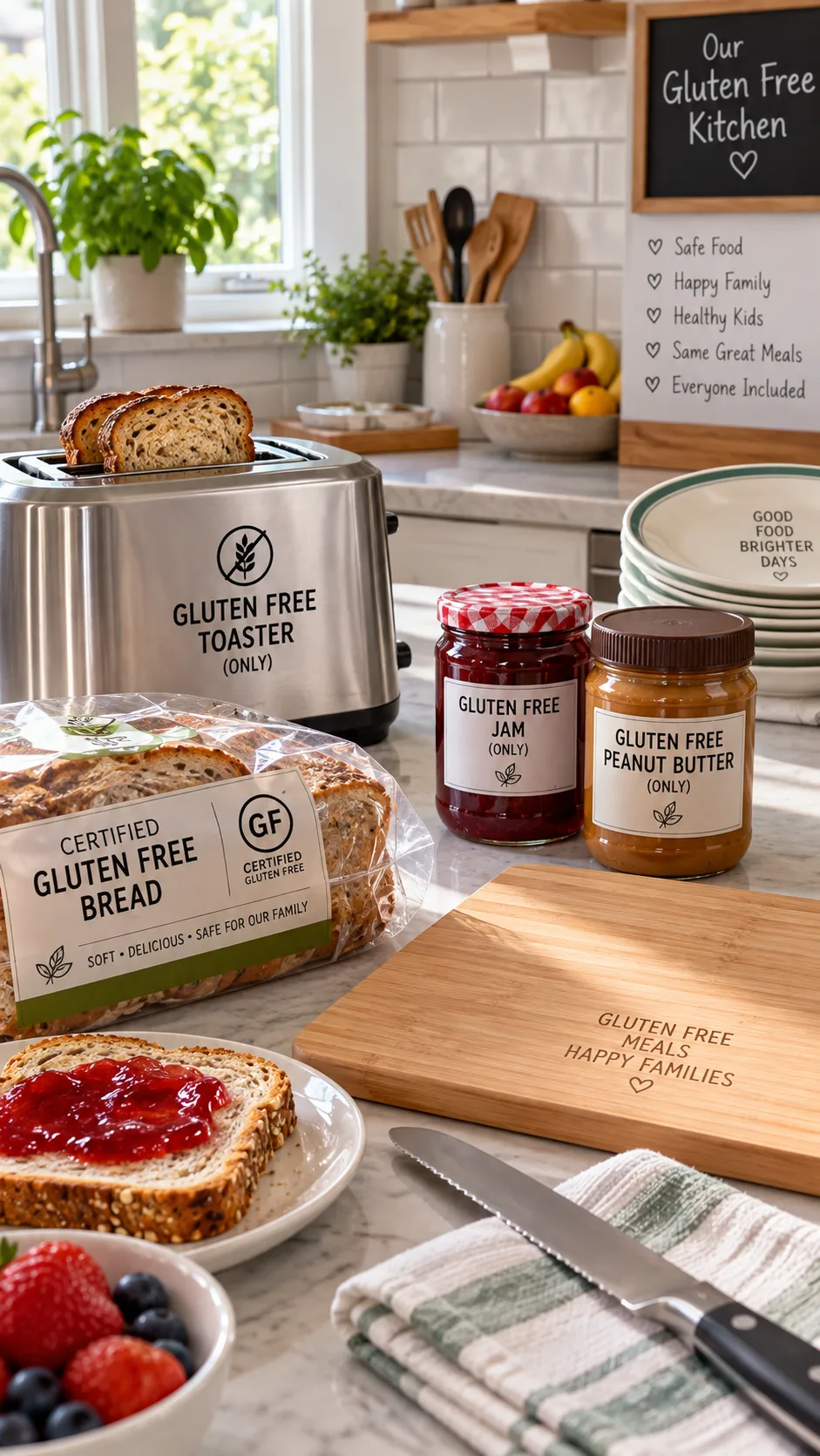 Detailed realistic kitchen countertop scene showing gluten free cross contact prevention, separate labeled gluten free toaster, separate jars of jam and peanut butter, clean cutting board, certified gluten free bread, organized family kitchen, natural daylight