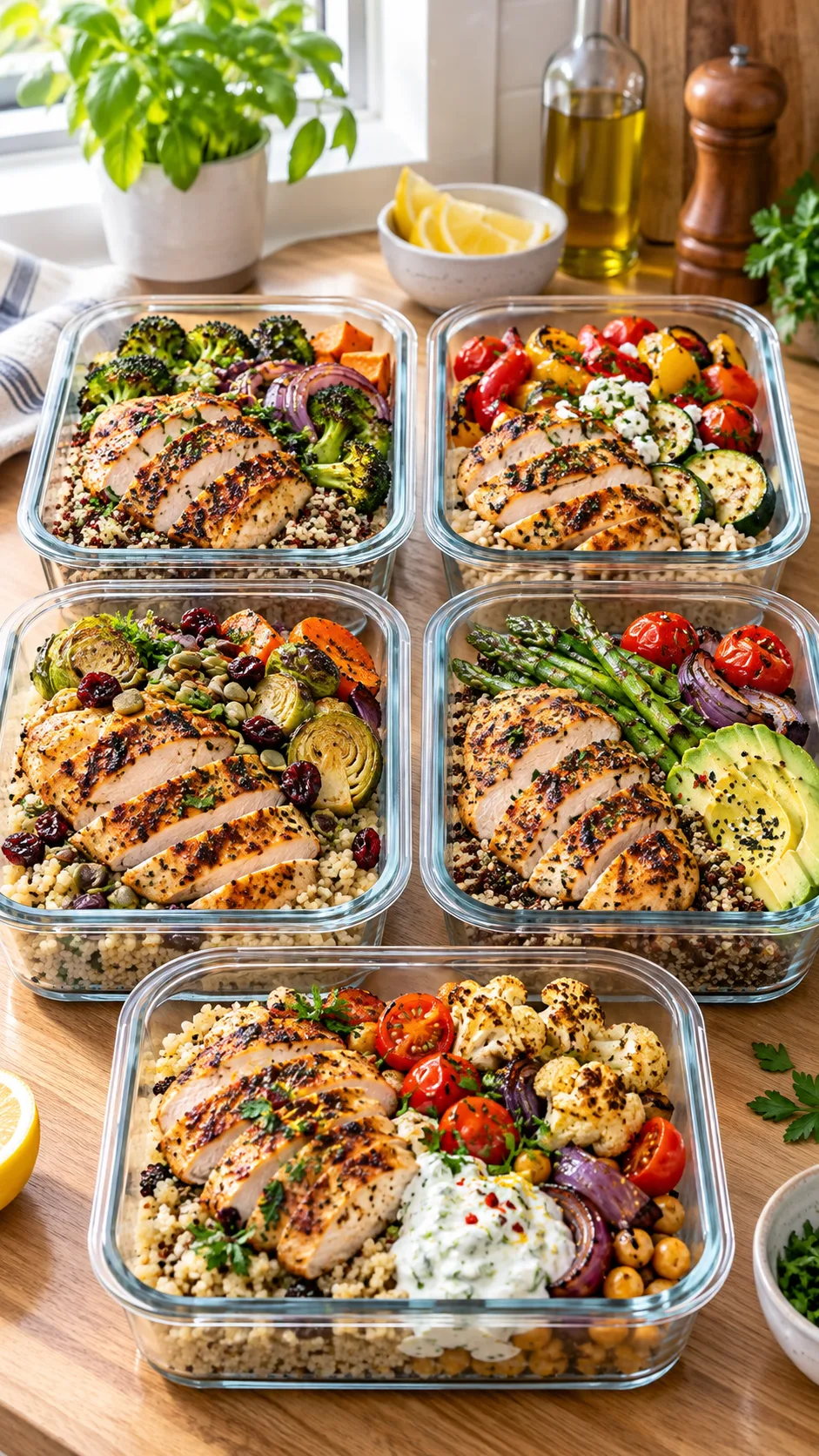 High-Protein Chicken Breast Meal Prep Ideas That Actually Keep You Full All Week 1 Five high-end glass meal prep containers arranged neatly on a wooden kitchen counter, each containing vibrant sliced grilled chicken breast, roasted vegetables, colorful grains, and garnishes in natural bright daylight.