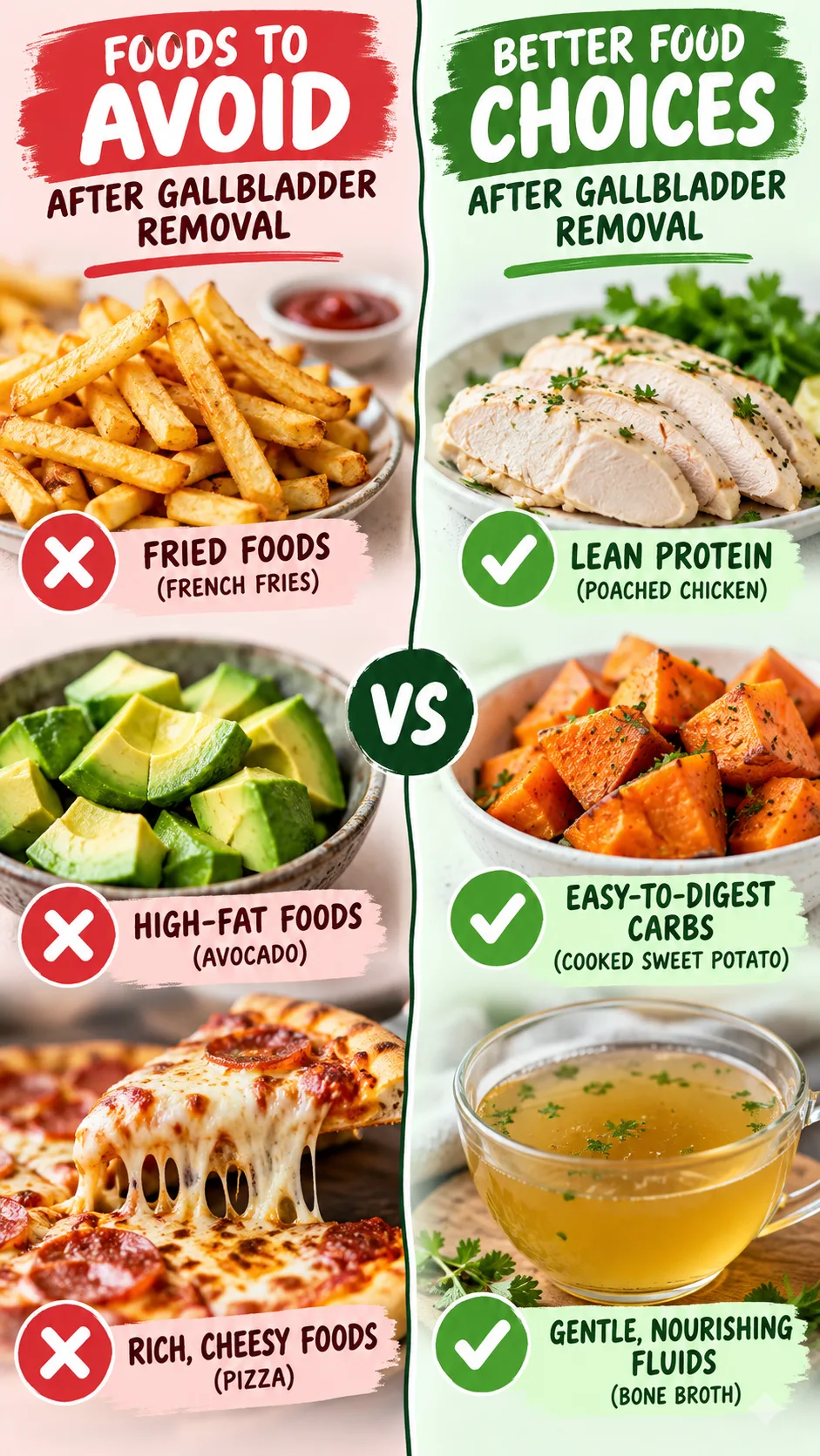 Comparison layout showing bad post-gallbladder foods on the left like fried french fries, avocado chunks, and cheesy pizza next to good post-gallbladder foods on the right like poached chicken, cooked sweet potato, and clear bone broth