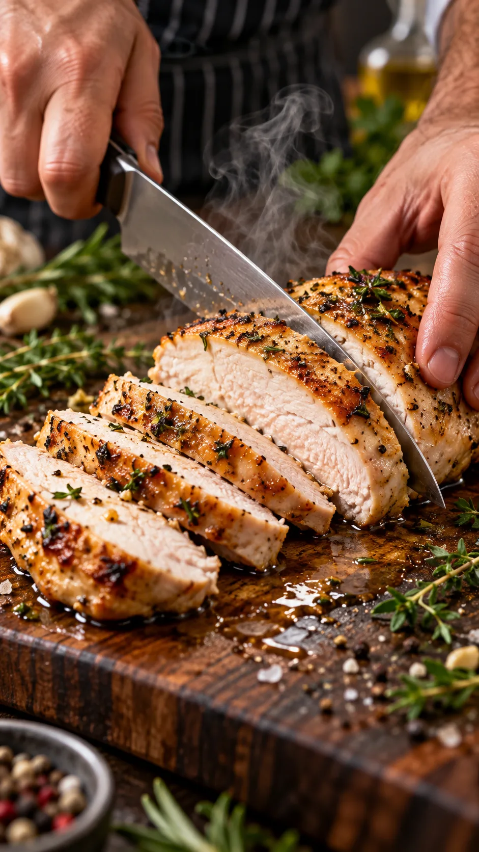 High-Protein Chicken Breast Meal Prep Ideas That Actually Keep You Full All Week 2 Close-up shot of a chef slicing perfectly cooked, juicy chicken breast against the grain on a dark wooden cutting board, with visible steam, herbs, and glistening natural juices.