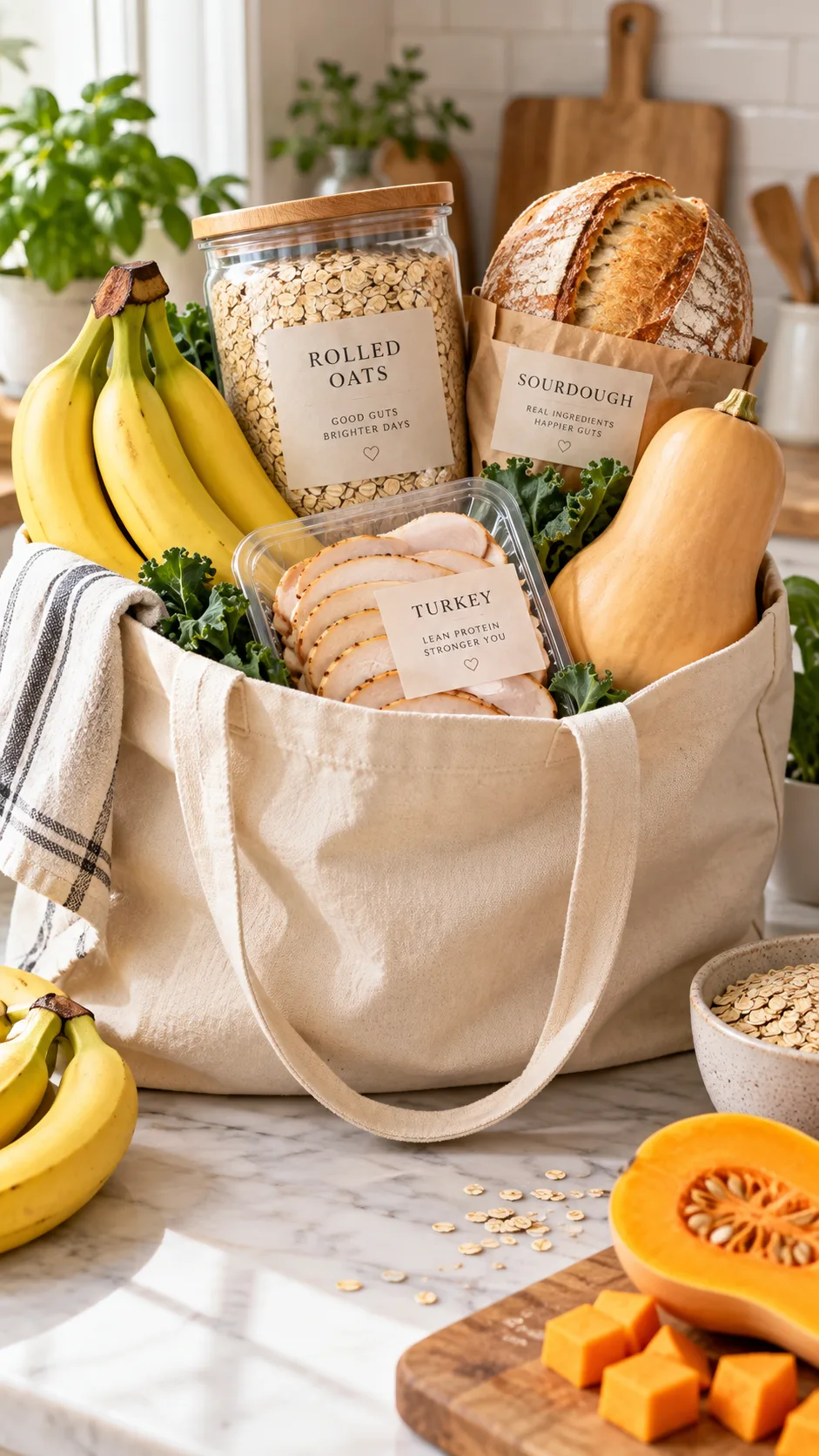 A clean aesthetic kitchen counter featuring a grocery shopping tote bag overflowing with fresh gut-friendly items: bananas, rolled oats, white sourdough bread, squash, and lean turkey slices