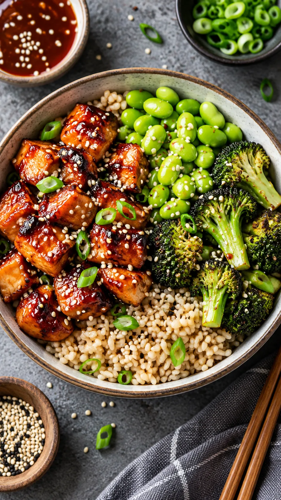 High-Protein Chicken Breast Meal Prep Ideas That Actually Keep You Full All Week 3 Overhead view of a finished Korean BBQ chicken meal prep bowl containing glistening red-glazed chicken cubes, vibrant green edamame, roasted broccoli, and brown rice sprinkled with sesame seeds.