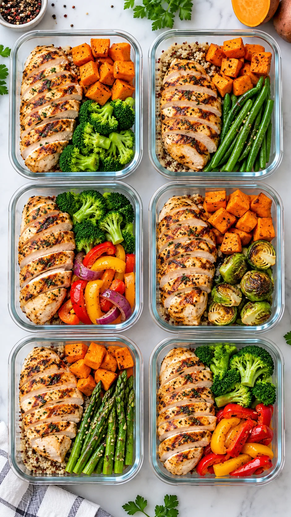 A top-down view of organized meal prep glass containers showing colorful, healthy low-fat meals with grilled chicken, sweet potatoes, and steamed veggies ready for the week