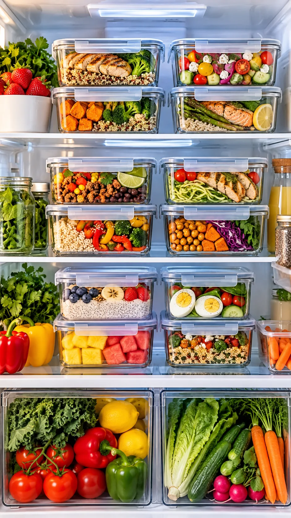 High-Protein Chicken Breast Meal Prep Ideas That Actually Keep You Full All Week 4 A refrigerator interior showcasing organized stackable glass meal prep containers with snap-lock lids, clear compartments displaying colorful prepared meals, alongside fresh produce.