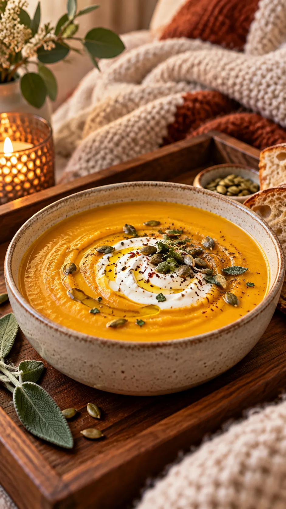 Soft Food Diet After Surgery: What to Eat So You Actually Heal Faster 1 A beautifully styled recovery bowl with velvety smooth butternut squash soup, a dollop of creamy Greek yogurt, and a drizzle of olive oil in a warm ceramic bowl on a wooden tray with a cozy blanket in the background