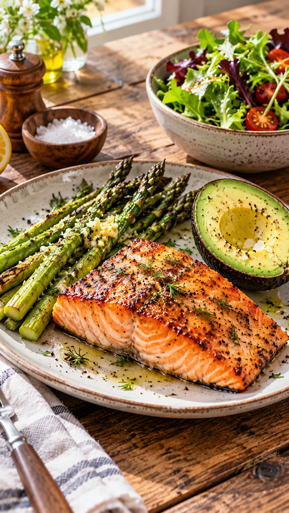 The 21-Day Low Carb Diet Plan That Actually Keeps You Full (With Meal Ideas) 1 A vibrant, delicious low-carb meal laid out on a rustic wooden dining table: grilled wild salmon with a crisp golden crust, a side of roasted asparagus with melted garlic butter, half a fresh avocado sprinkled with sea salt, and a bowl of mixed greens. Natural morning window lighting, shot from a 45-degree angle.