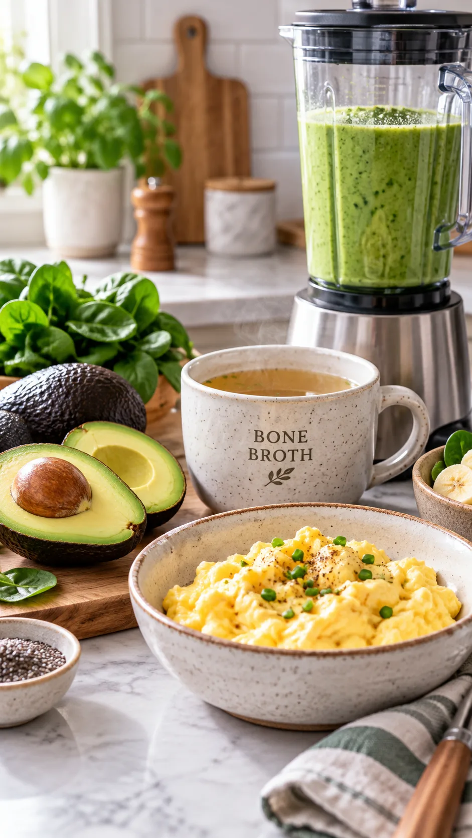 Soft Food Diet After Surgery: What to Eat So You Actually Heal Faster 3 A modern kitchen counter displaying healthy soft food recovery ingredients: fresh avocado, a bowl of creamy scrambled eggs, bone broth in a mug, and a blender filled with a green smoothie