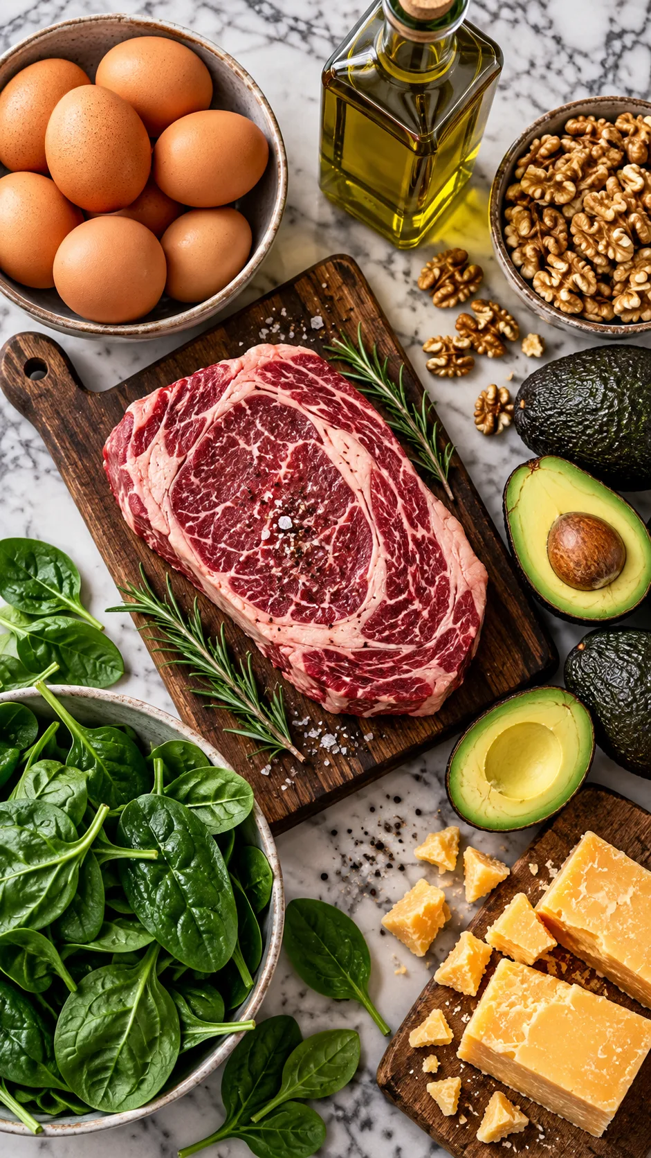 The 21-Day Low Carb Diet Plan That Actually Keeps You Full (With Meal Ideas) 2 Top-down shot of high-satiety low-carb ingredients arranged neatly on a marble kitchen island: fresh ribeye steak, pasture-raised eggs, whole avocados, extra virgin olive oil bottle, fresh walnuts, dark leafy spinach, and blocks of aged cheddar cheese. Rich textures and clean, crisp food photography.