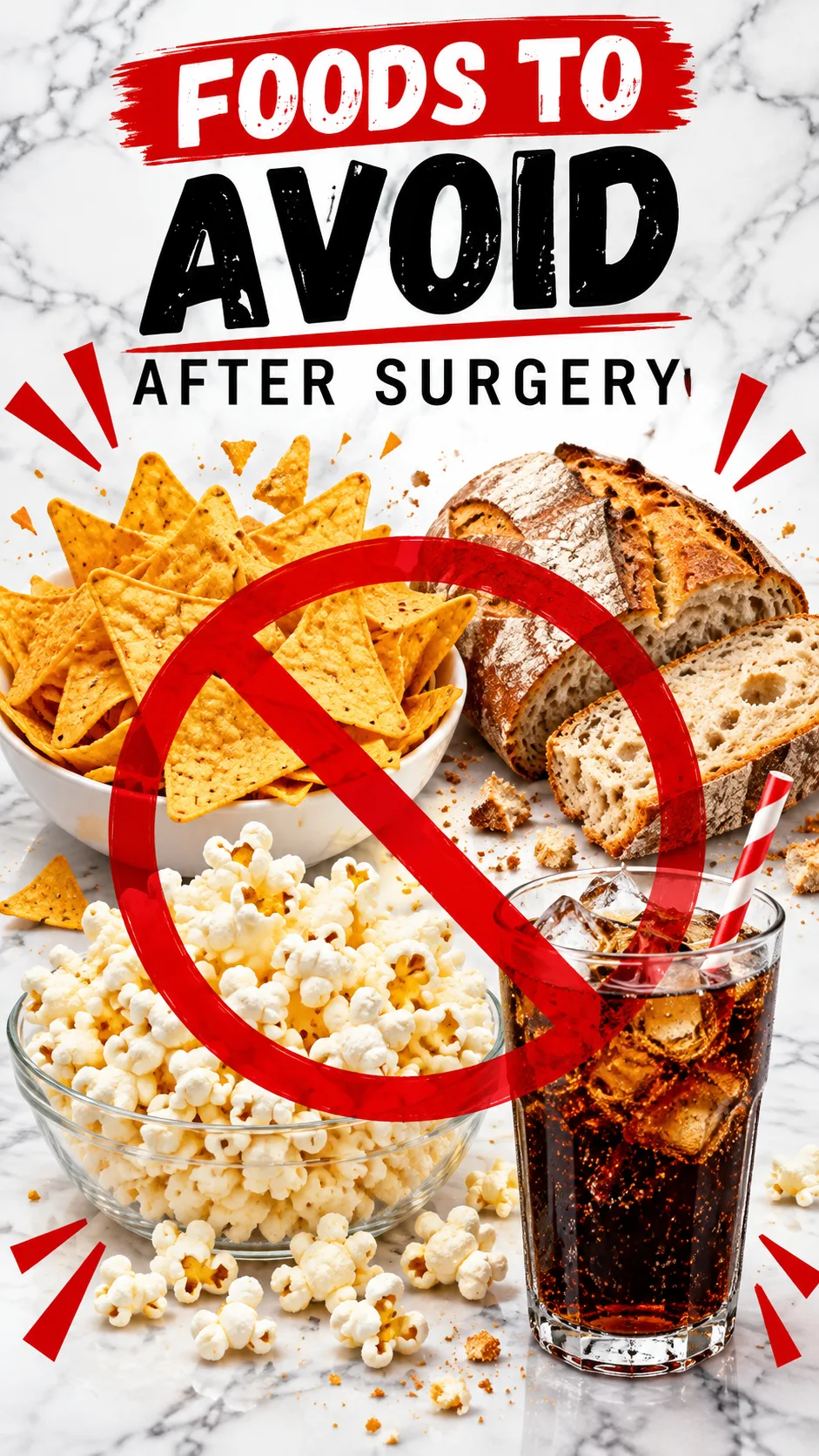 Soft Food Diet After Surgery: What to Eat So You Actually Heal Faster 4 A bold graphic concept displaying foods to avoid after surgery: sharp tortilla chips, crusty bread, popcorn, and a soda glass with a straw, crossed out with red warning accents on a marble background