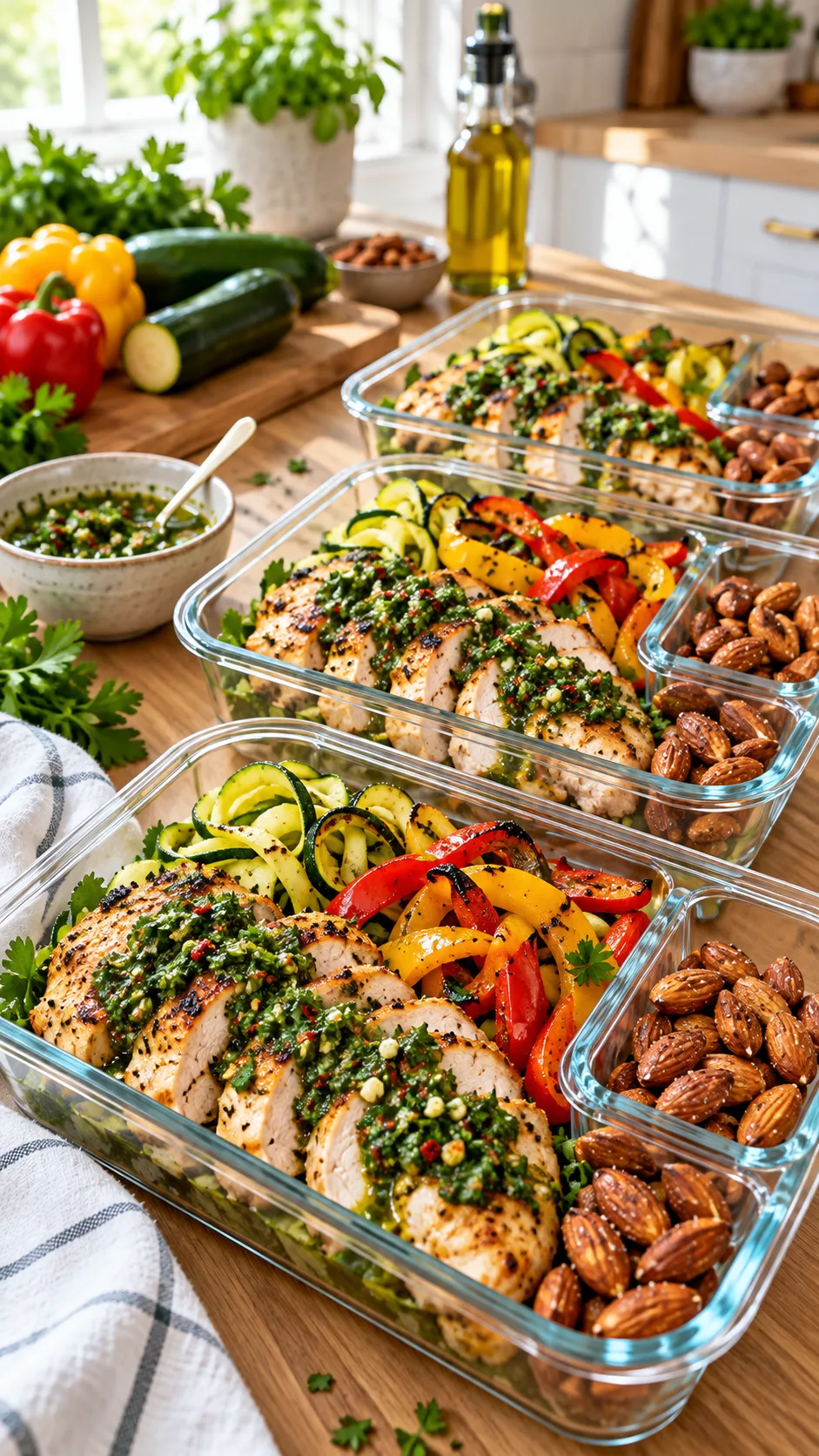 The 21-Day Low Carb Diet Plan That Actually Keeps You Full (With Meal Ideas) 3 Meal prep glass containers lined up on a modern wooden kitchen counter, packed with colorful low-carb meals: roasted chicken breast slices with chimichurri sauce, sautéed bell peppers and zucchini ribbons, and portioned handfuls of roasted almonds. Bright daylight, premium lifestyle feel.