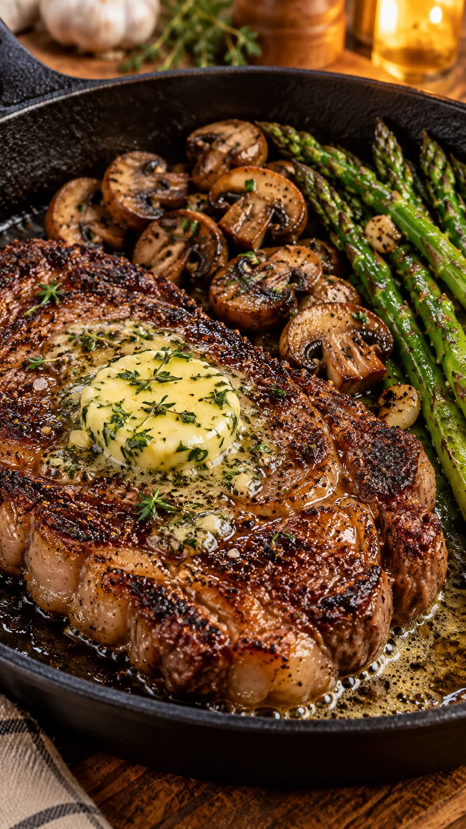The 21-Day Low Carb Diet Plan That Actually Keeps You Full (With Meal Ideas) 4 Close up of a skillet meal: pan-seared ribeye steak with a deep brown crust, herb butter melting on top, next to sizzling crimini mushrooms and green asparagus in a cast iron pan. Warm kitchen ambient lighting.