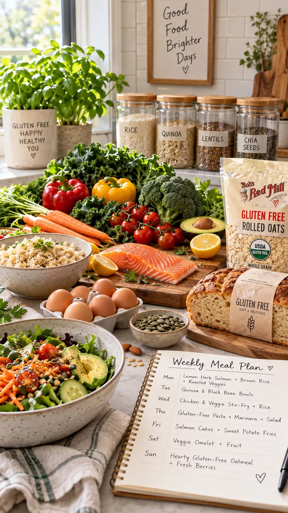 The Celiac Diet Plan Beginners Wish They'd Found First 1 Bright natural-light food photography of a welcoming gluten-free kitchen counter with fresh vegetables, rice, eggs, salmon, certified gluten-free oats, gluten-free bread, labeled pantry jars, and a handwritten weekly meal plan, realistic editorial lifestyle style