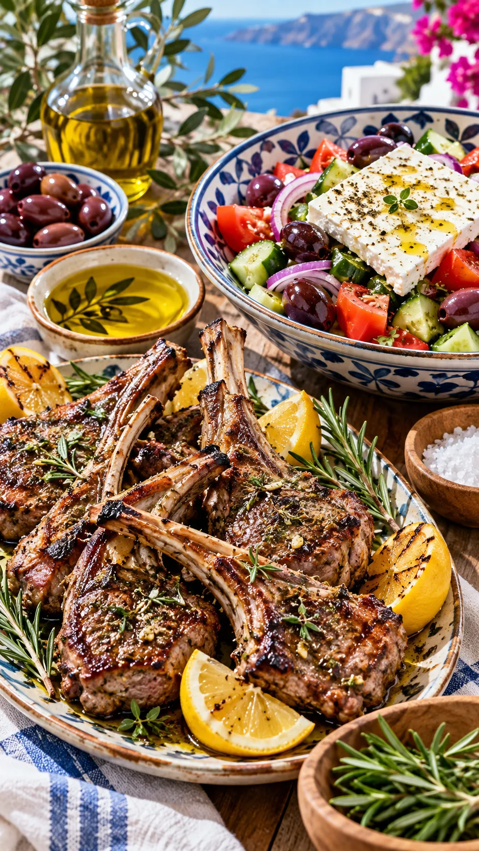 The 21-Day Low Carb Diet Plan That Actually Keeps You Full (With Meal Ideas) 5 A beautiful, vibrant table with an assortment of Mediterranean low-carb dishes: roasted Greek lamb chops with lemon, a colorful Greek salad with giant kalamata olives and block feta cheese, and small bowls of extra virgin olive oil and fresh rosemary.