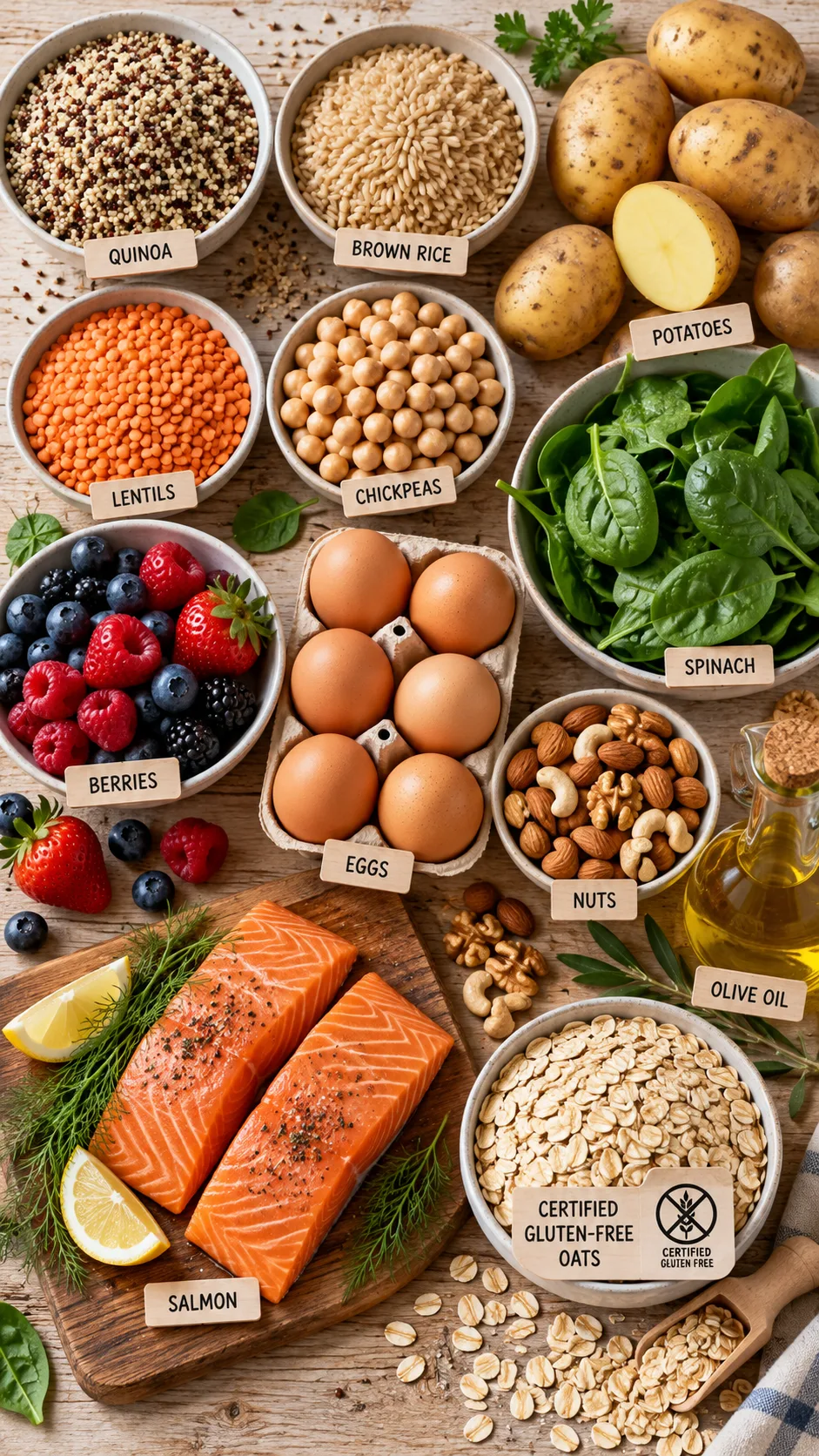 The Celiac Diet Plan Beginners Wish They'd Found First 3 Top-down food photography of naturally gluten-free ingredients arranged neatly on a light wooden table: quinoa, brown rice, potatoes, lentils, chickpeas, spinach, berries, eggs, salmon, nuts, olive oil, and certified gluten-free oats, clean educational composition