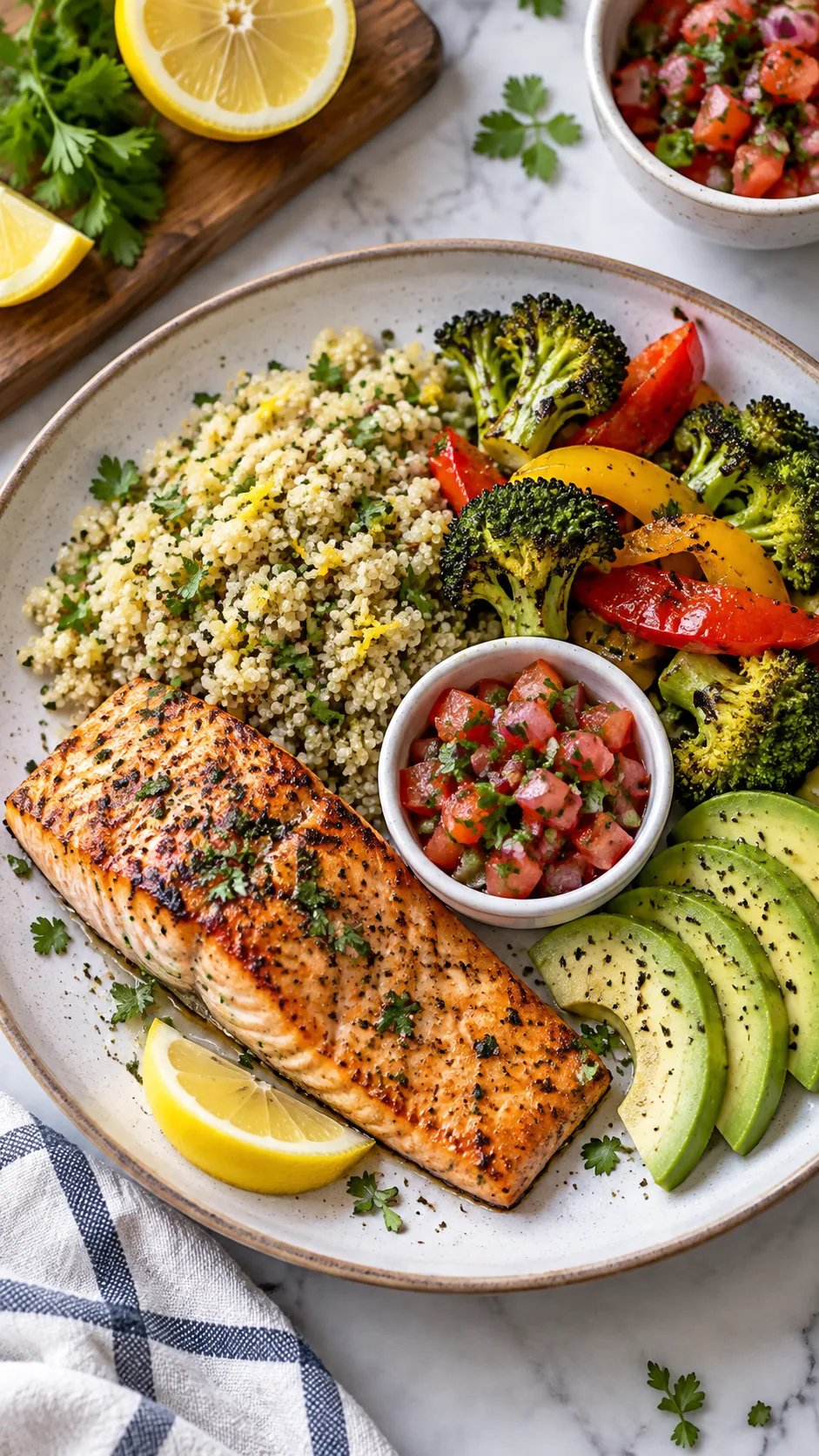The Celiac Diet Plan Beginners Wish They'd Found First 4 Realistic overhead photography of a balanced gluten-free dinner plate with grilled salmon, lemon quinoa, roasted broccoli and peppers, avocado slices, and a small bowl of salsa, bright home kitchen lighting