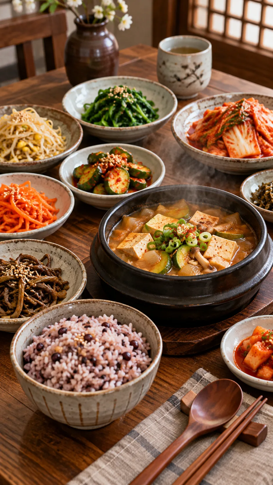 The Korean Diet Meal Plan That Helps You Lose Weight Without Feeling Deprived 1 A beautifully arranged traditional Korean table spread with multigrain rice, doenjang jjigae tofu stew, colorful banchan vegetable side dishes, and kimchi in ceramic bowls on a warm wooden dining table