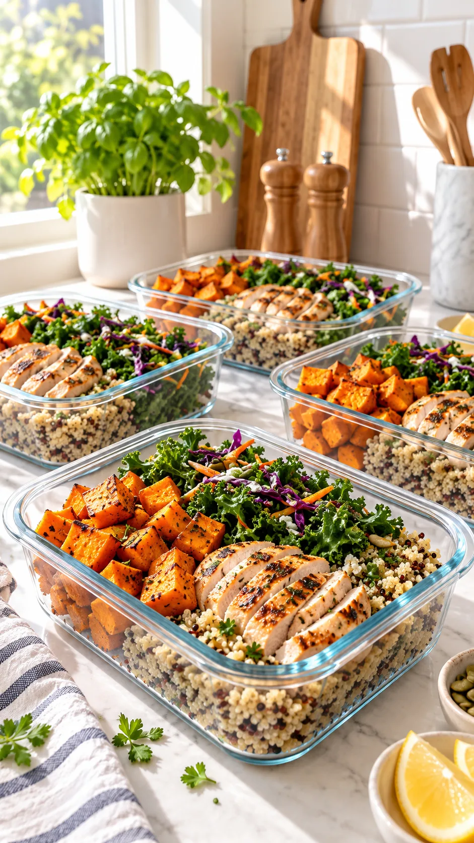 Easy Meal Prep for Beginners: The No-Stress System That Saves You Hours Every Week 1 A bright kitchen counter featuring neatly organized glass meal prep containers filled with colorful roasted sweet potatoes, crisp greens, quinoa, and grilled chicken, natural morning sunlight, clean aesthetic