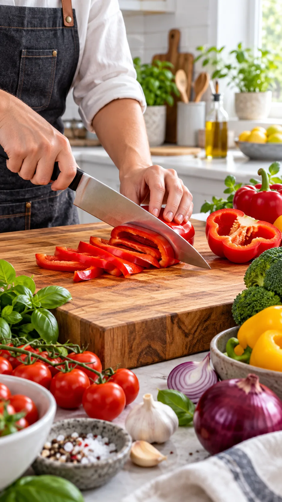 Easy Meal Prep for Beginners: The No-Stress System That Saves You Hours Every Week 2 A sharp chef knife slicing red bell peppers on a large wooden cutting board, with vibrant vegetables surrounding the workspace, bright kitchen setting