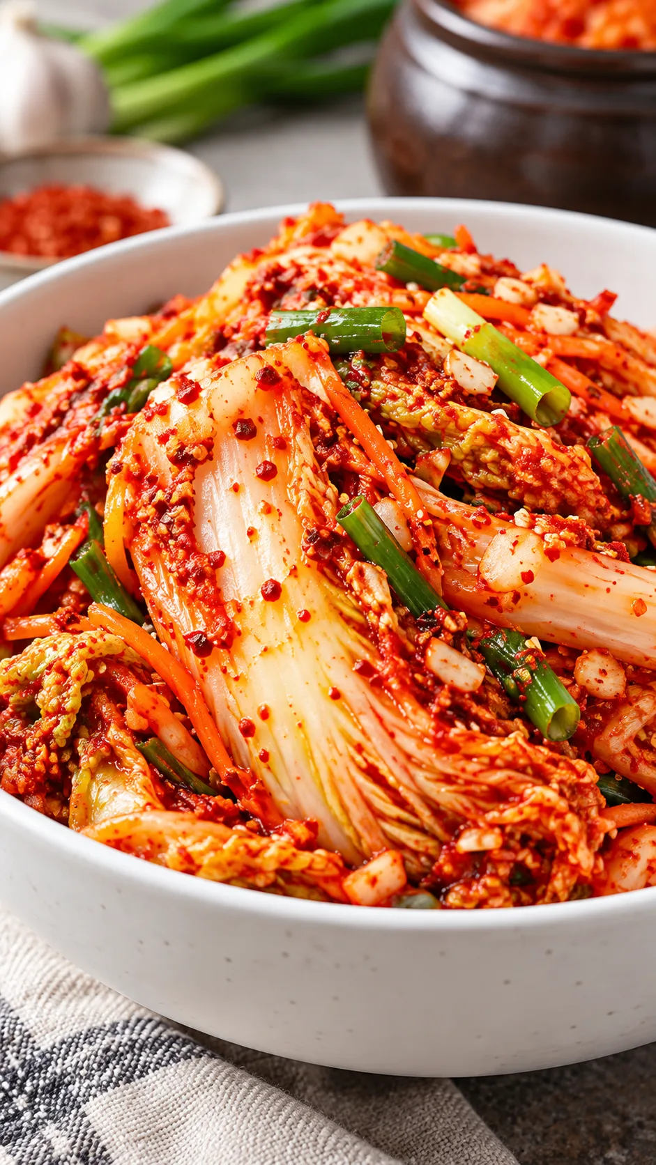 The Korean Diet Meal Plan That Helps You Lose Weight Without Feeling Deprived 2 Close-up food photography of vibrant red homemade napa cabbage kimchi seasoned with chili flakes, garlic, and scallions in a modern white bowl
