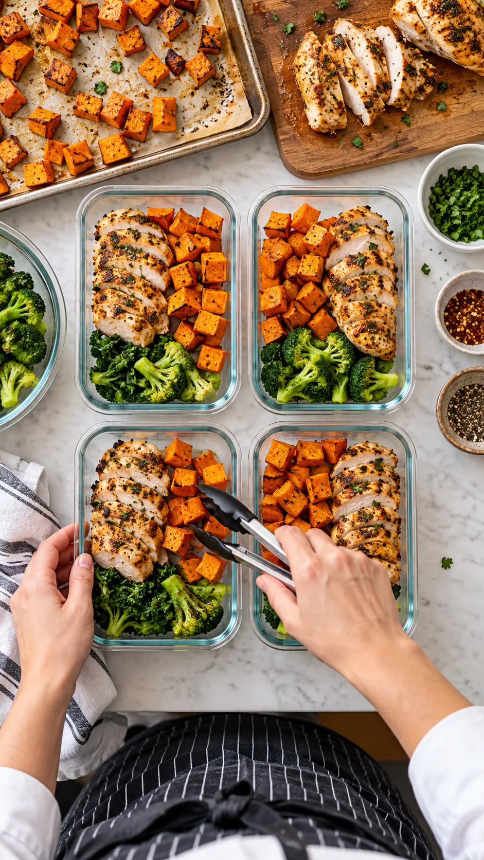 Easy Meal Prep for Beginners: The No-Stress System That Saves You Hours Every Week 3 A chef arranging roasted diced sweet potatoes and seasoned chicken into clear glass meal prep containers, kitchen counter, overhead flat-lay perspective