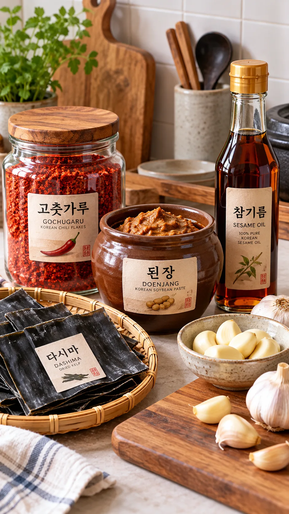 The Korean Diet Meal Plan That Helps You Lose Weight Without Feeling Deprived 3 Neatly organized kitchen counter displaying traditional Korean cooking staples including gochugaru chili flakes, doenjang paste, sesame oil bottle, dried kelp, and fresh garlic cloves