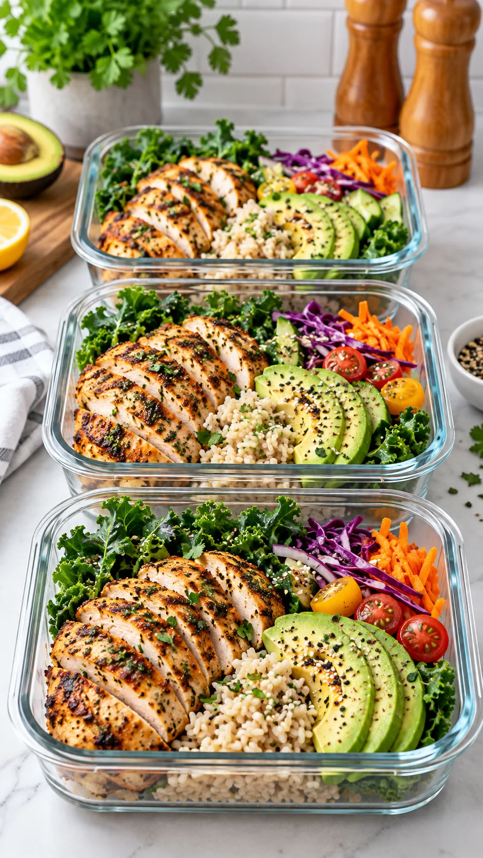 Easy Meal Prep for Beginners: The No-Stress System That Saves You Hours Every Week 4 Three colorful, freshly assembled healthy lunch bowls lined up in glass containers, featuring roasted chicken, vibrant greens, brown rice, and fresh avocado, clean kitchen background