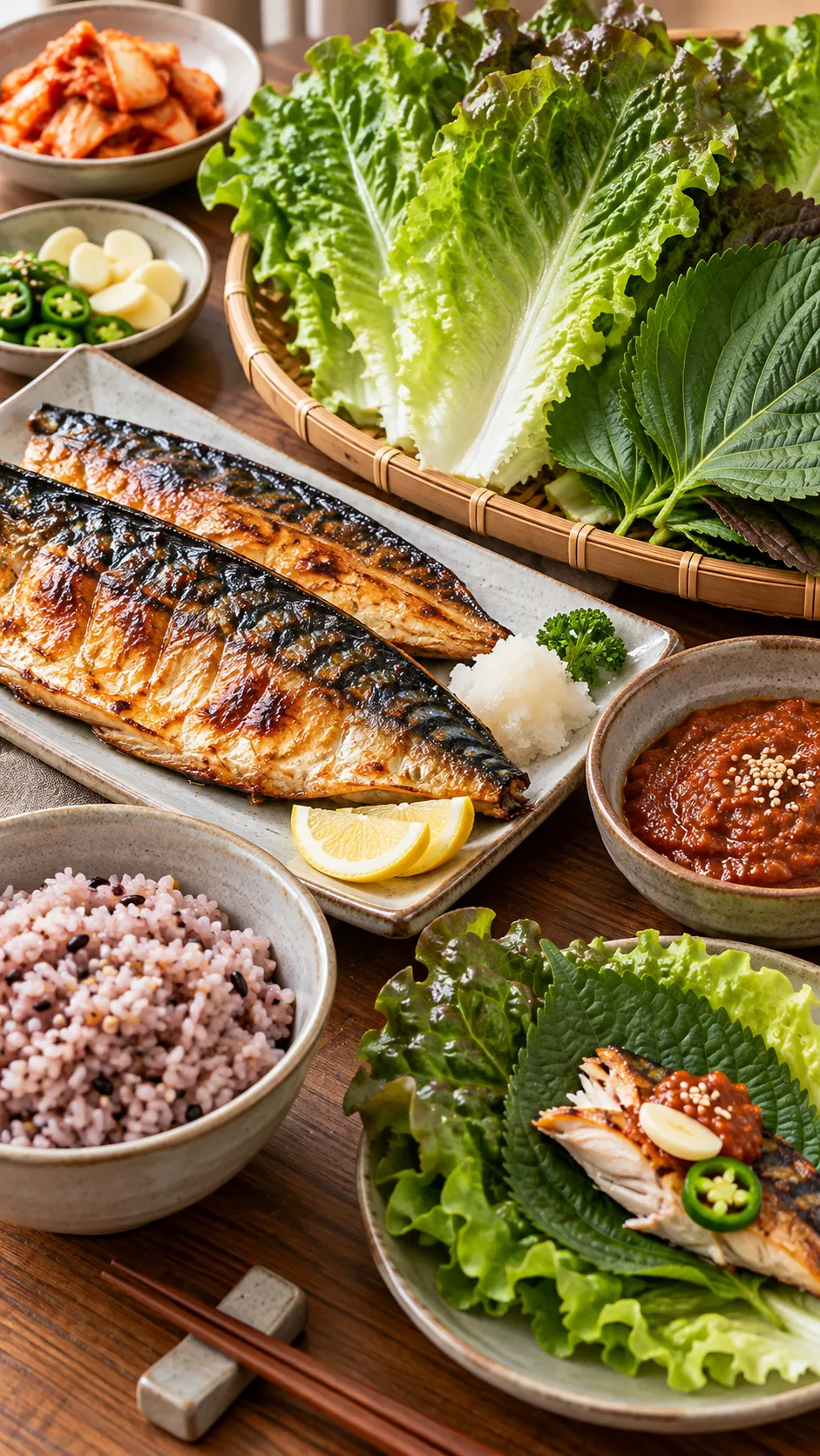 The Korean Diet Meal Plan That Helps You Lose Weight Without Feeling Deprived 4 A fresh Korean ssam dinner spread featuring grilled mackerel fillet, crisp romaine lettuce leaves, perilla leaves, ssamjang dip, and steamed multigrain rice