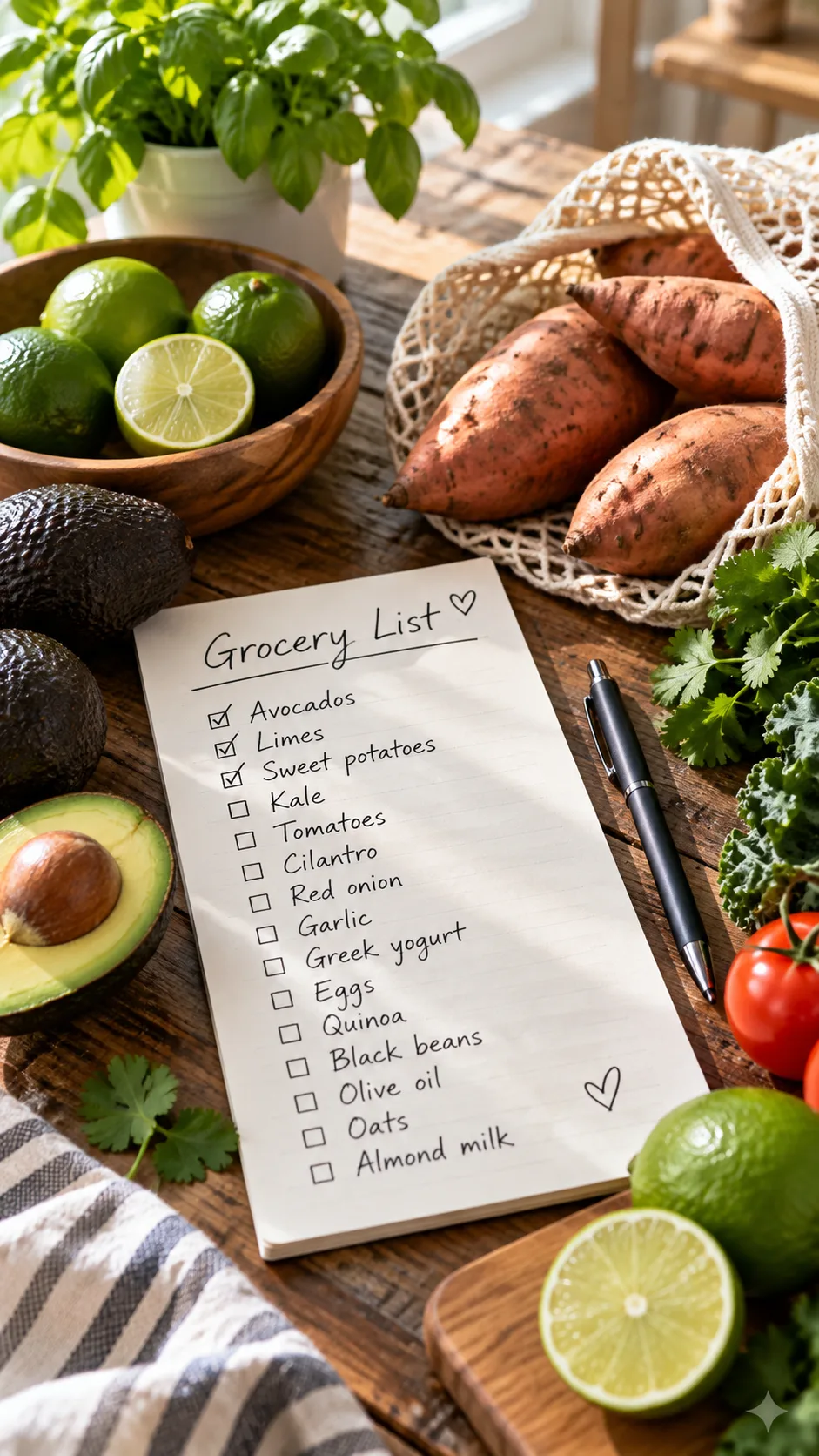 Easy Meal Prep for Beginners: The No-Stress System That Saves You Hours Every Week 5 A handwritten grocery checklist resting on a rustic wooden table next to fresh organic produce like avocados, limes, and sweet potatoes, bright kitchen morning light